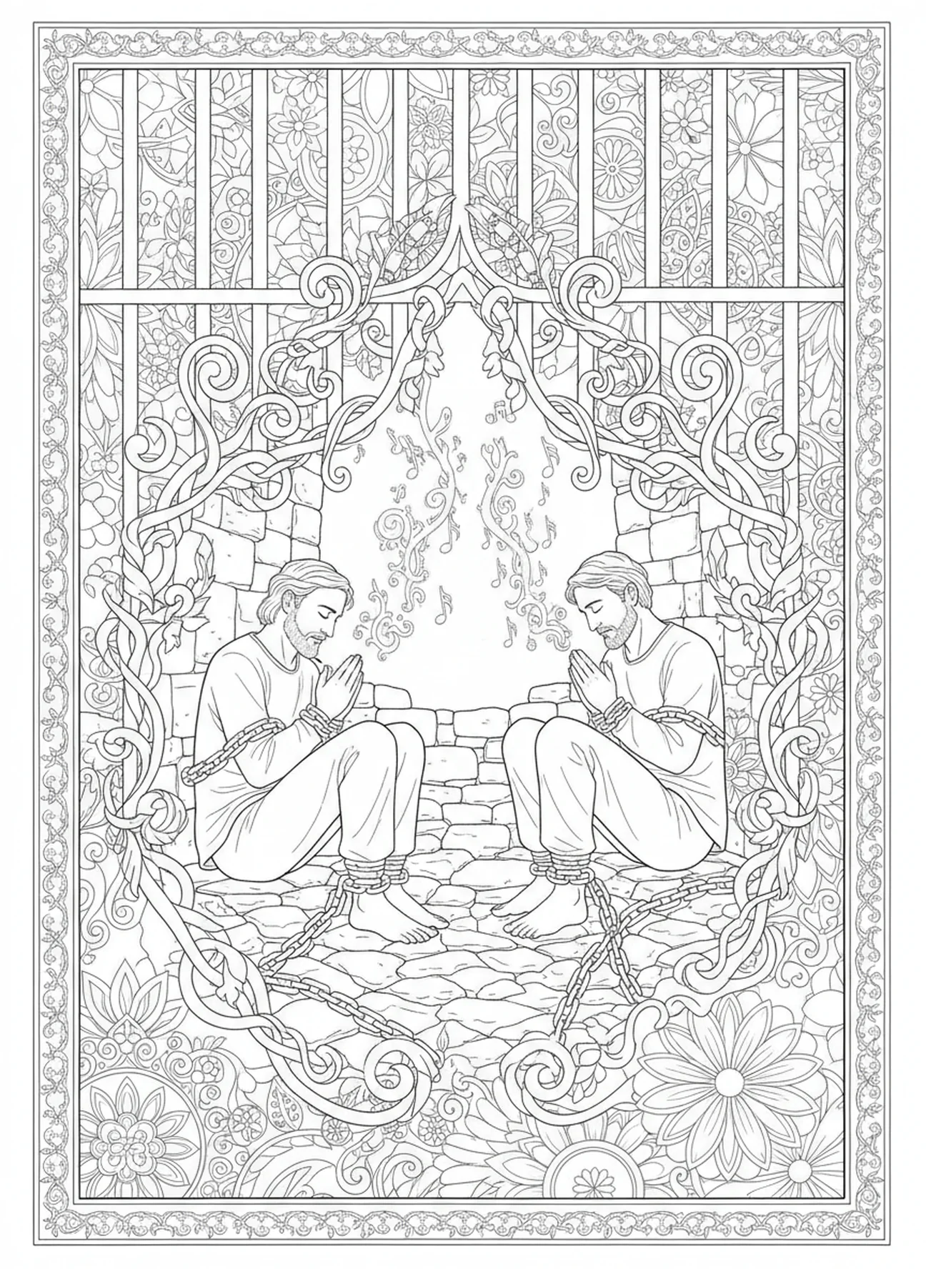 Paulus und Silas im Gefängnis, Paulus Korinth Ausmalbild für Erwachsene im Bibel-Journaling-Stil