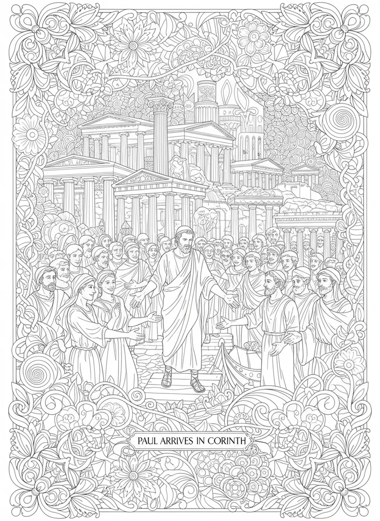 Pauls Ankunft in Korinth, Paul Korinth Ausmalbild für Erwachsene im Stil des Bibel-Journalings