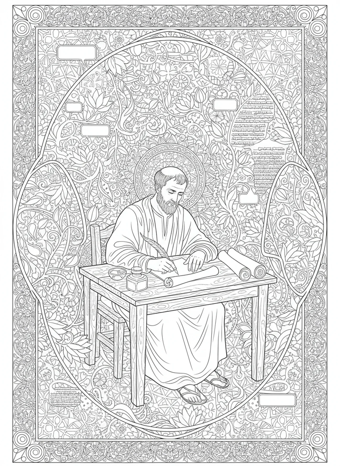 Paulus, der Briefe schreibt, Ausmalbild von Paulus in Korinth für Erwachsene im Bibel-Journaling-Stil