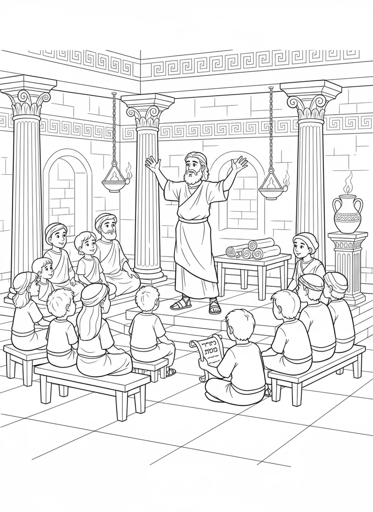 Paul prêchant aux croyants, page à colorier de Paul à Corinthe pour les enfants de l'École du dimanche âgés de 5 à 12 ans.