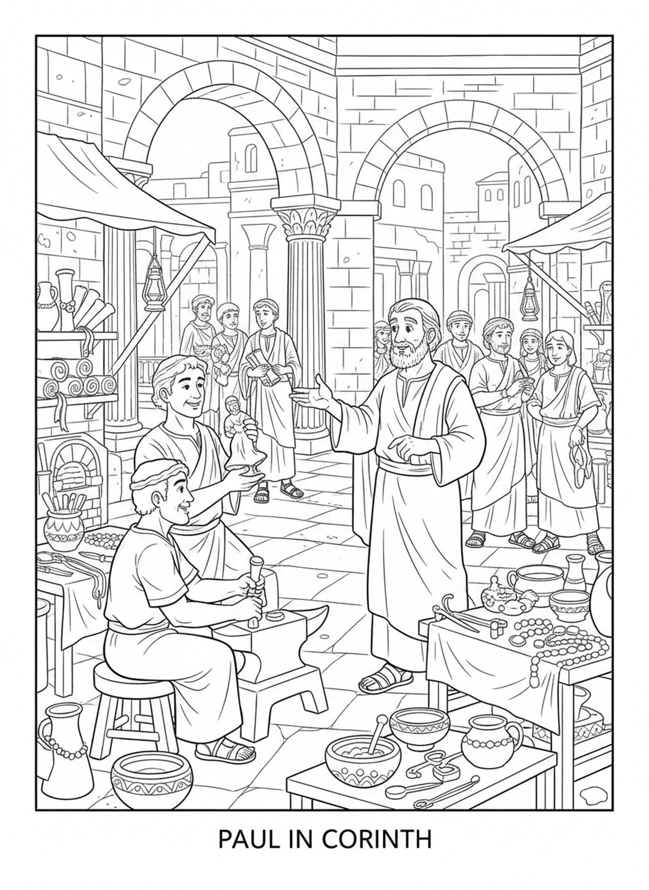 Paul avec les orfèvres, page à colorier de Paul à Corinthe pour les enfants de l'École du dimanche âgés de 5 à 12 ans.