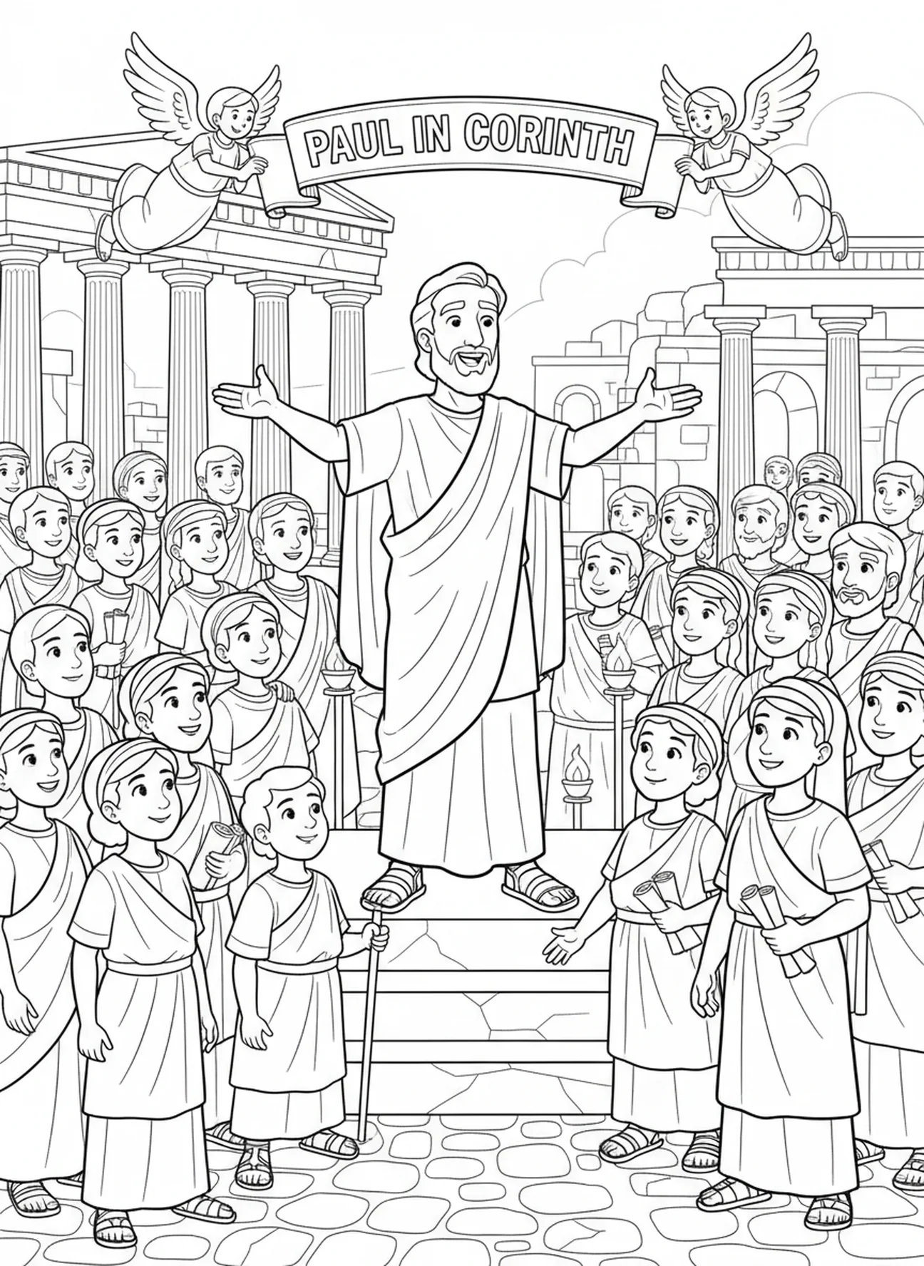 Paul encourage une foule, page à colorier de Paul à Corinthe pour les enfants de l'École du dimanche âgés de 5 à 12 ans.