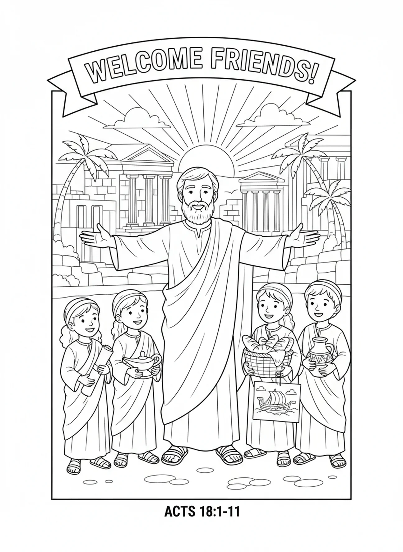 Paul avec des amis et des cadeaux, page à colorier de Paul à Corinthe pour les enfants de l'École du dimanche âgés de 5 à 12 ans.