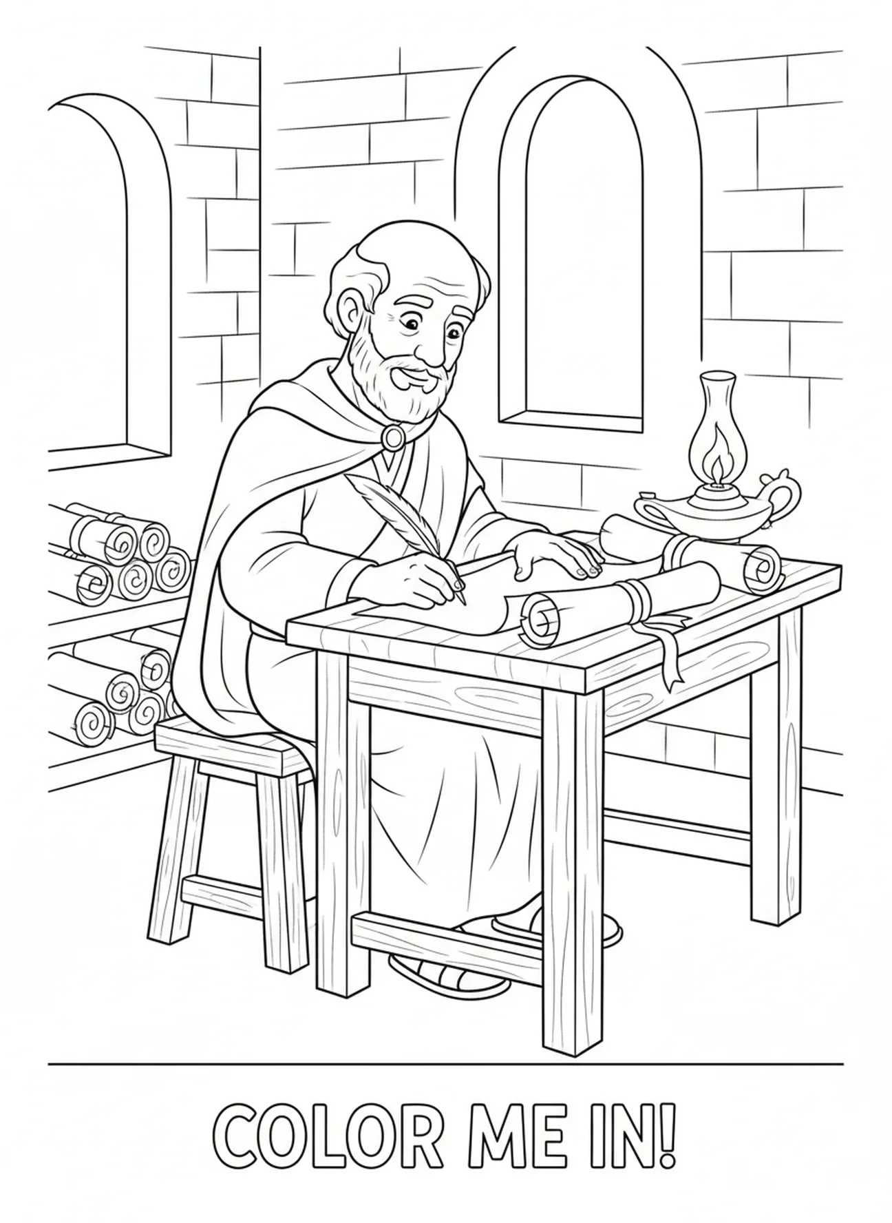 Paul écrivant des lettres, page à colorier de Paul à Corinthe pour les enfants de catéchisme âgés de 5 à 12 ans.
