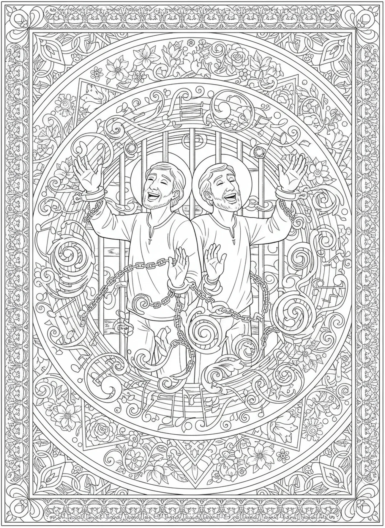 Paulus und Silas singen, Paulus Rom Ausmalbild für Erwachsene im Bibel-Journaling-Stil