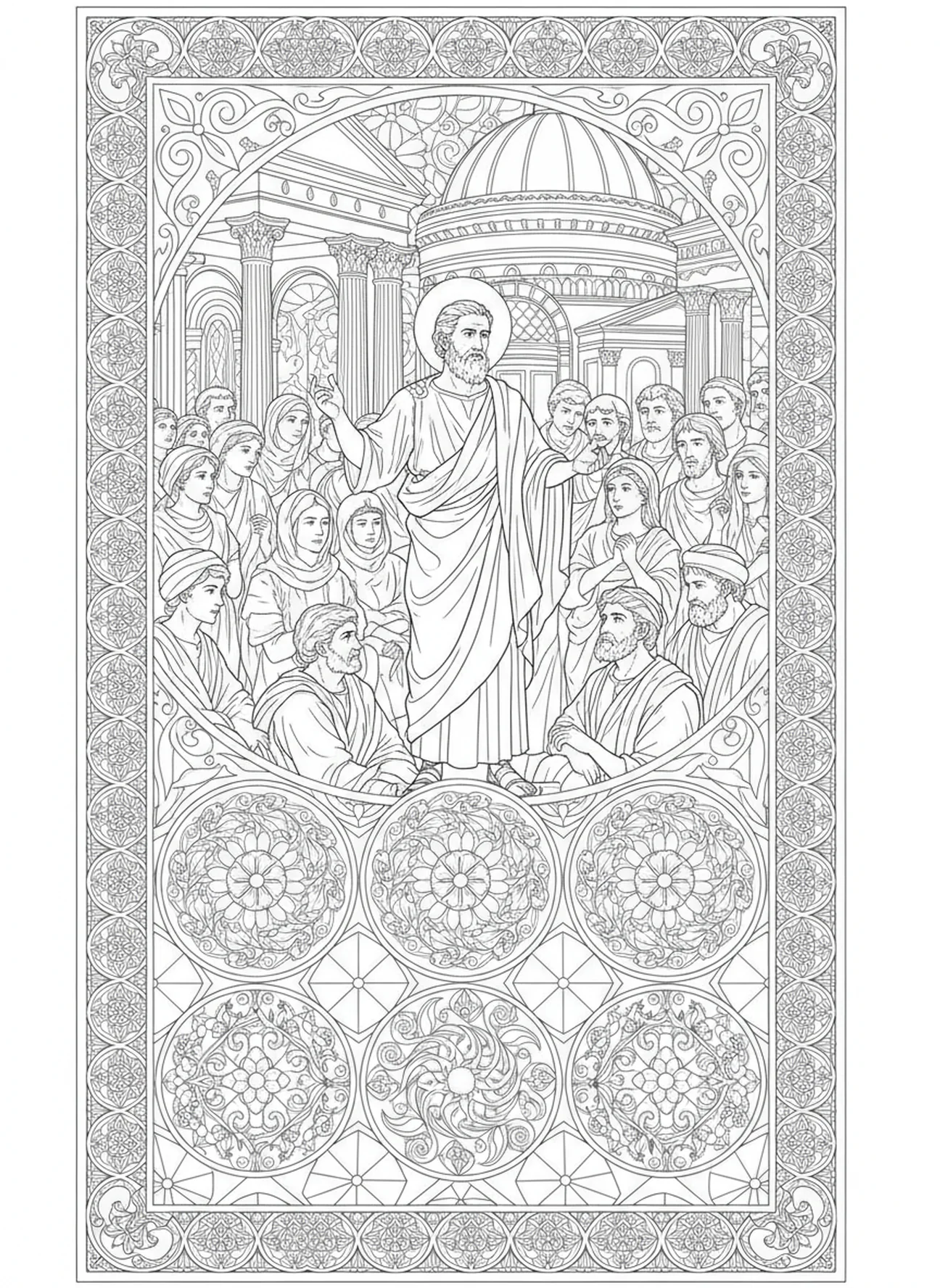Paulus predigt vor der Menge, Paulus Rom Ausmalbild für Erwachsene im Bibel-Journaling-Stil