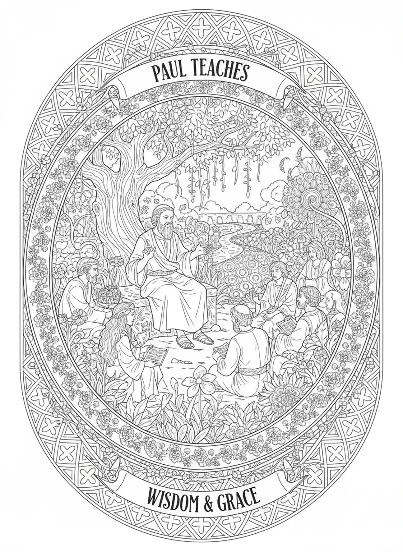 Paulus lehrt seine Jünger, Paulus Rom Ausmalbild für Erwachsene im Bibel-Journaling-Stil