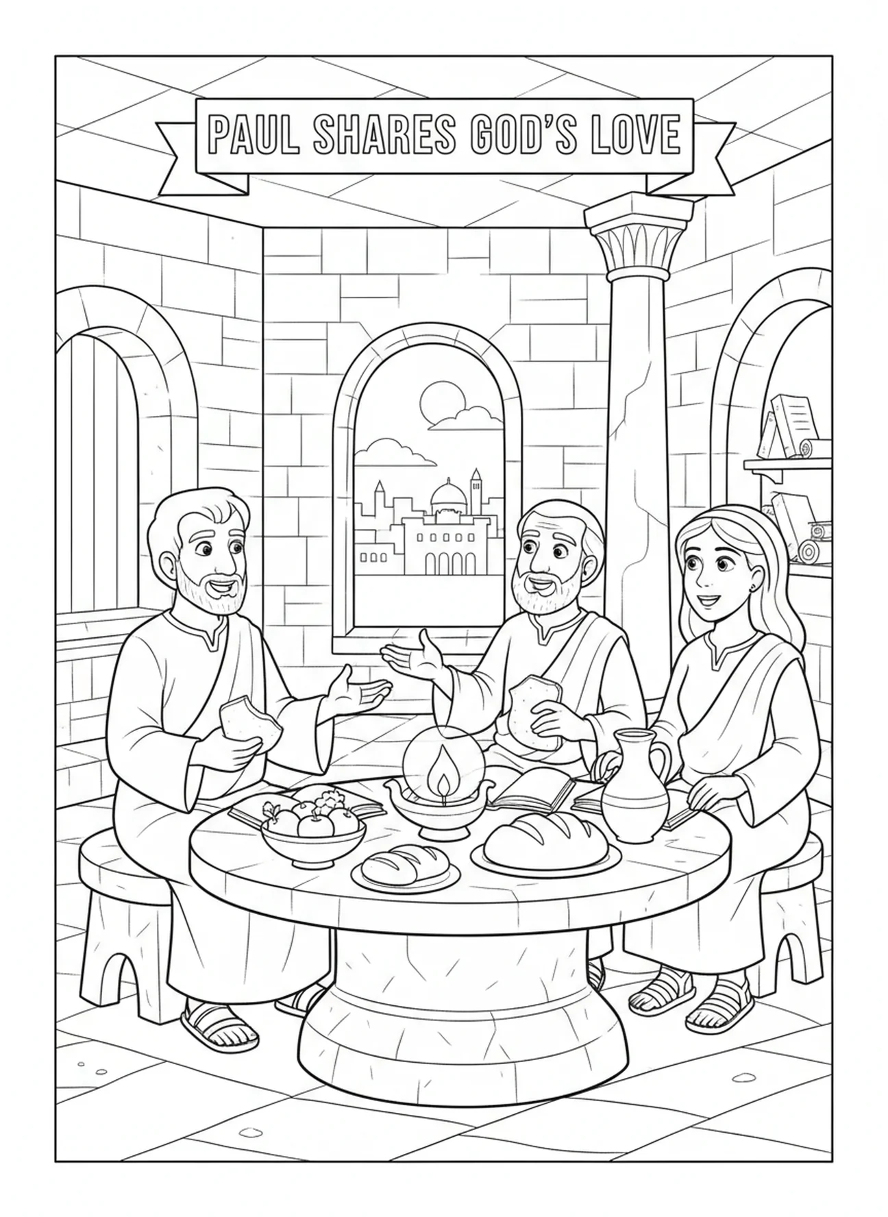 Paulo e amigos compartilhando histórias, página para colorir Paulo em Roma para crianças da Escola Dominical de 5 a 12 anos.