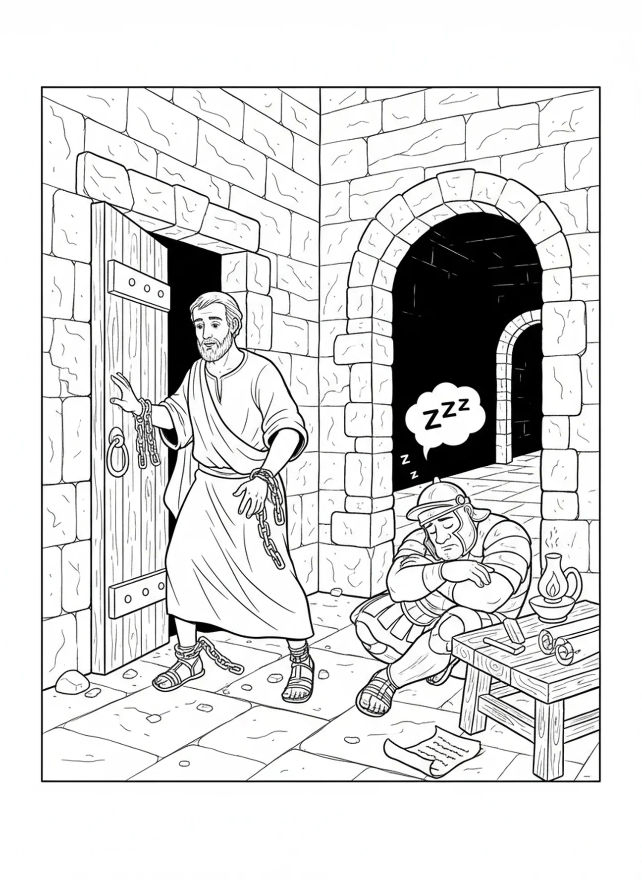 Paulo escapando da prisão, página para colorir sobre Paulo em Roma para crianças da Escola Dominical de 5 a 12 anos.