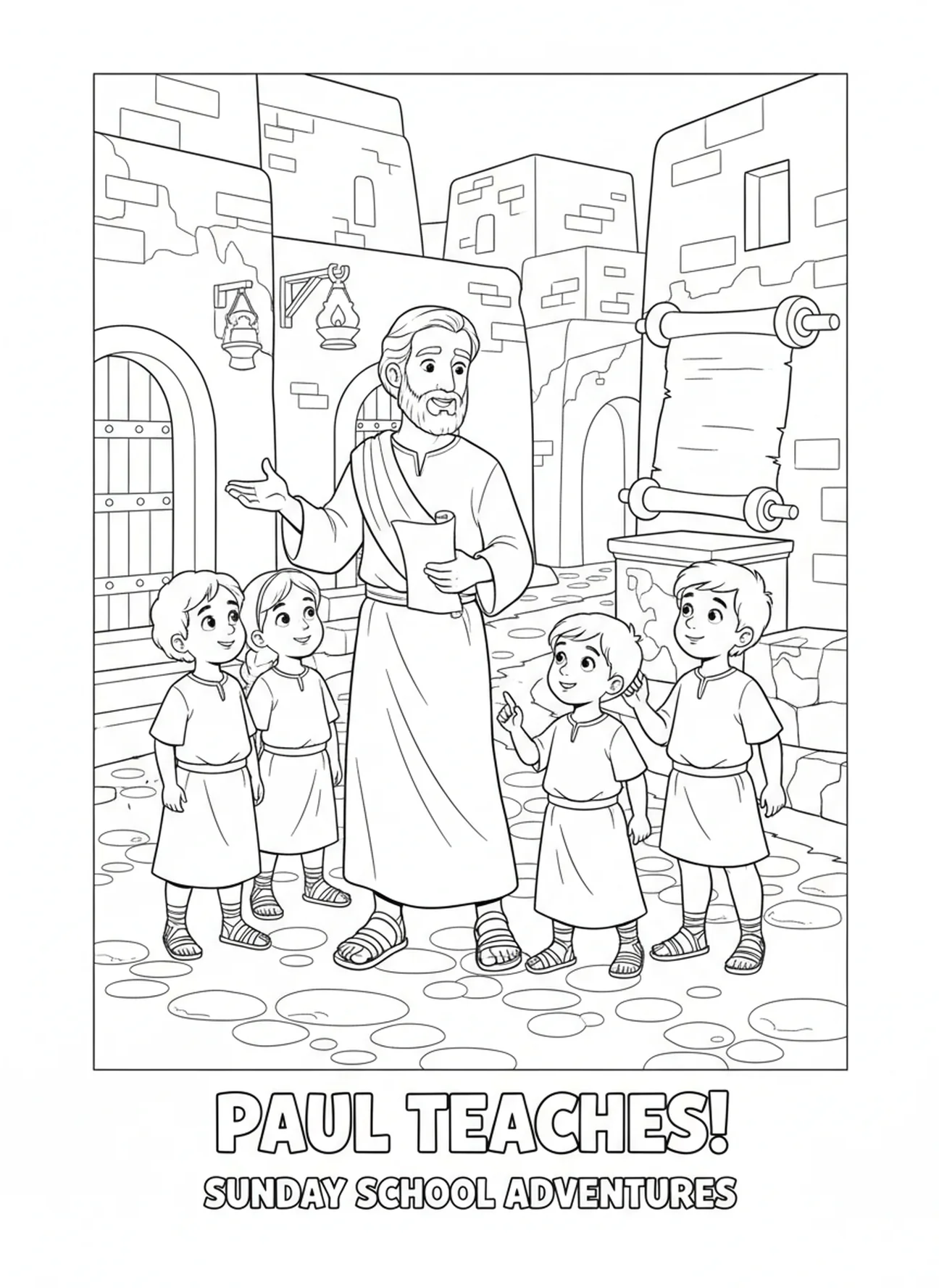 Paulo na rua, página para colorir Paulo em Roma para crianças da Escola Dominical de 5 a 12 anos.