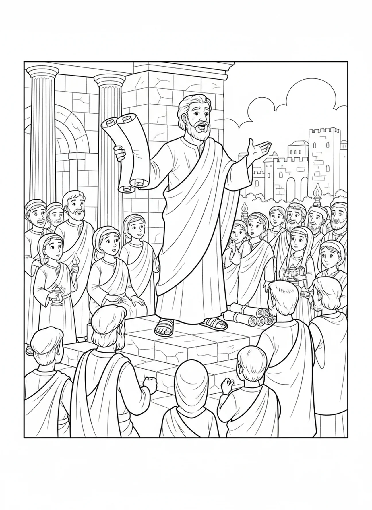 Paulo pregando para a multidão, página de colorir de Paulo em Roma para crianças da Escola Dominical de 5 a 12 anos.
