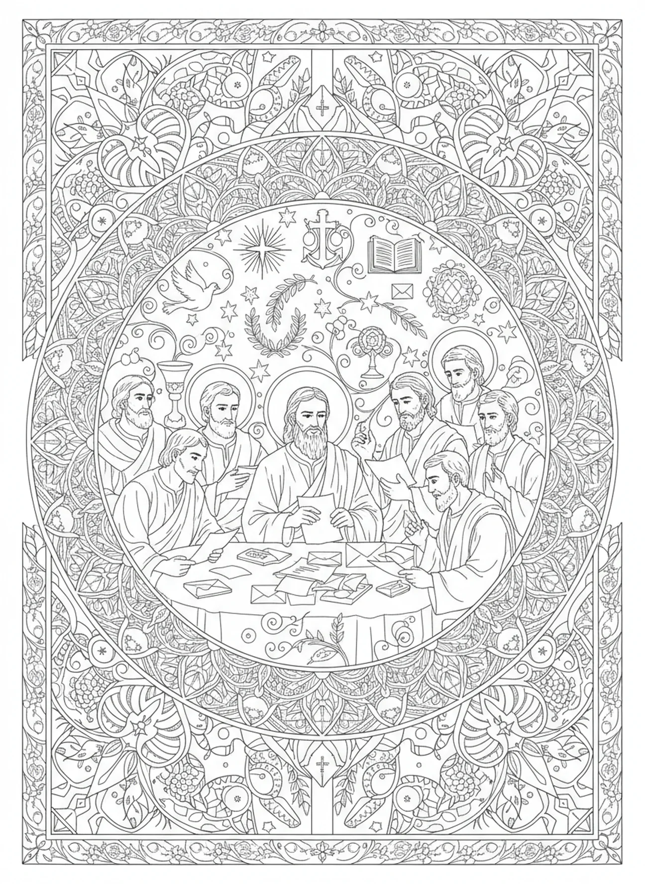 Paul avec des amis, page à colorier Paul écrivant des lettres dans un style de journal biblique pour adultes.