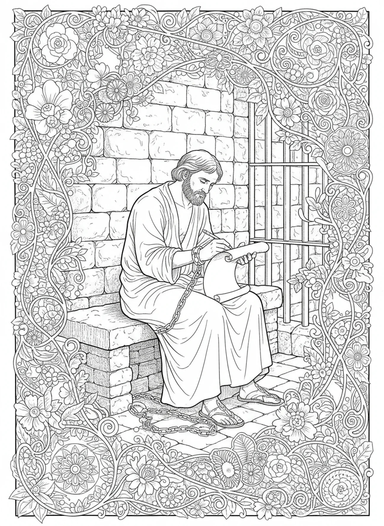 Paul en prison, page à colorier Paul écrivant des lettres dans un style de journal biblique pour adultes.