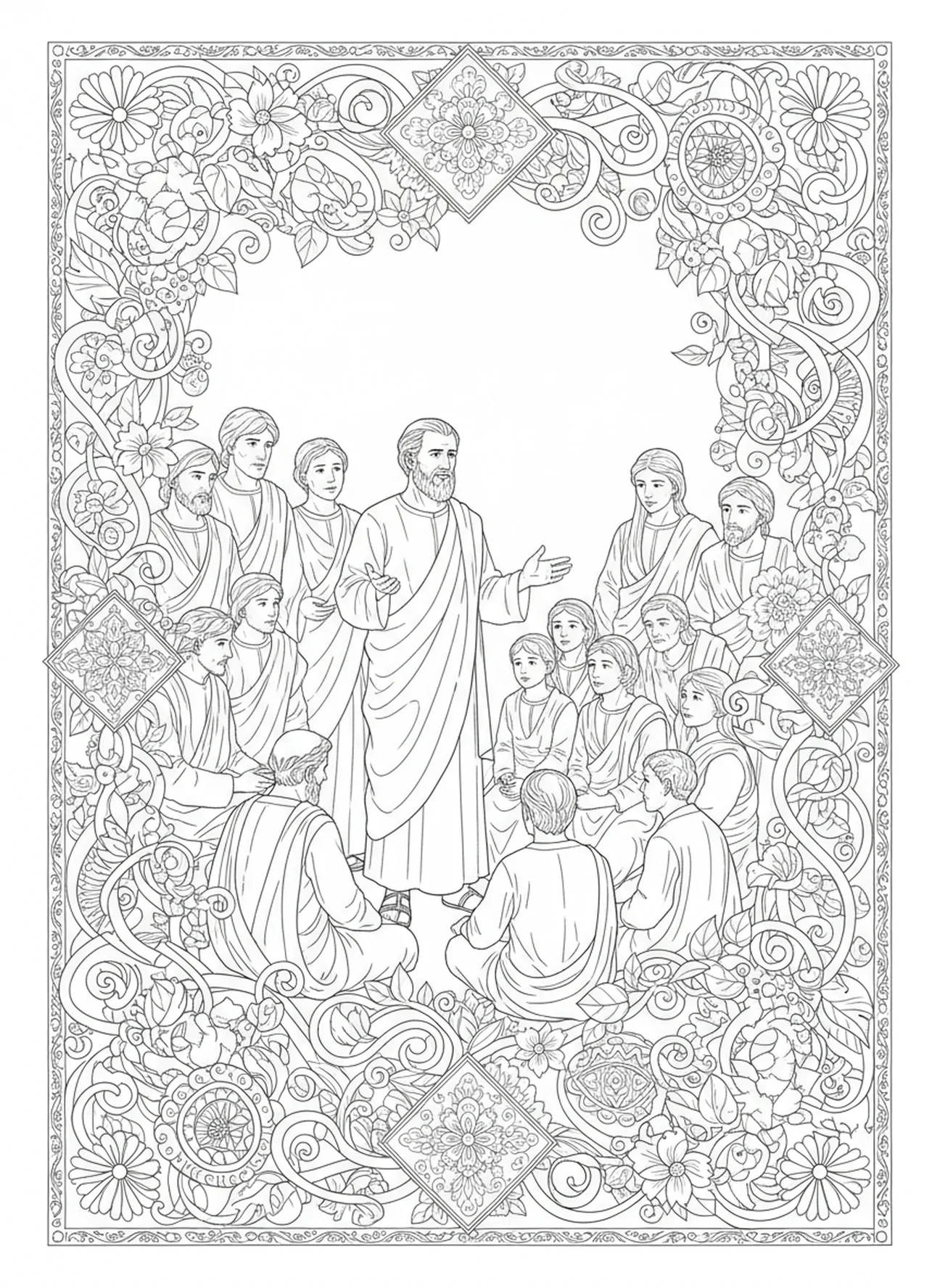 Saint Paul enseignant la communauté, page à colorier Paul écrivant des lettres dans un style de journal biblique pour adultes.