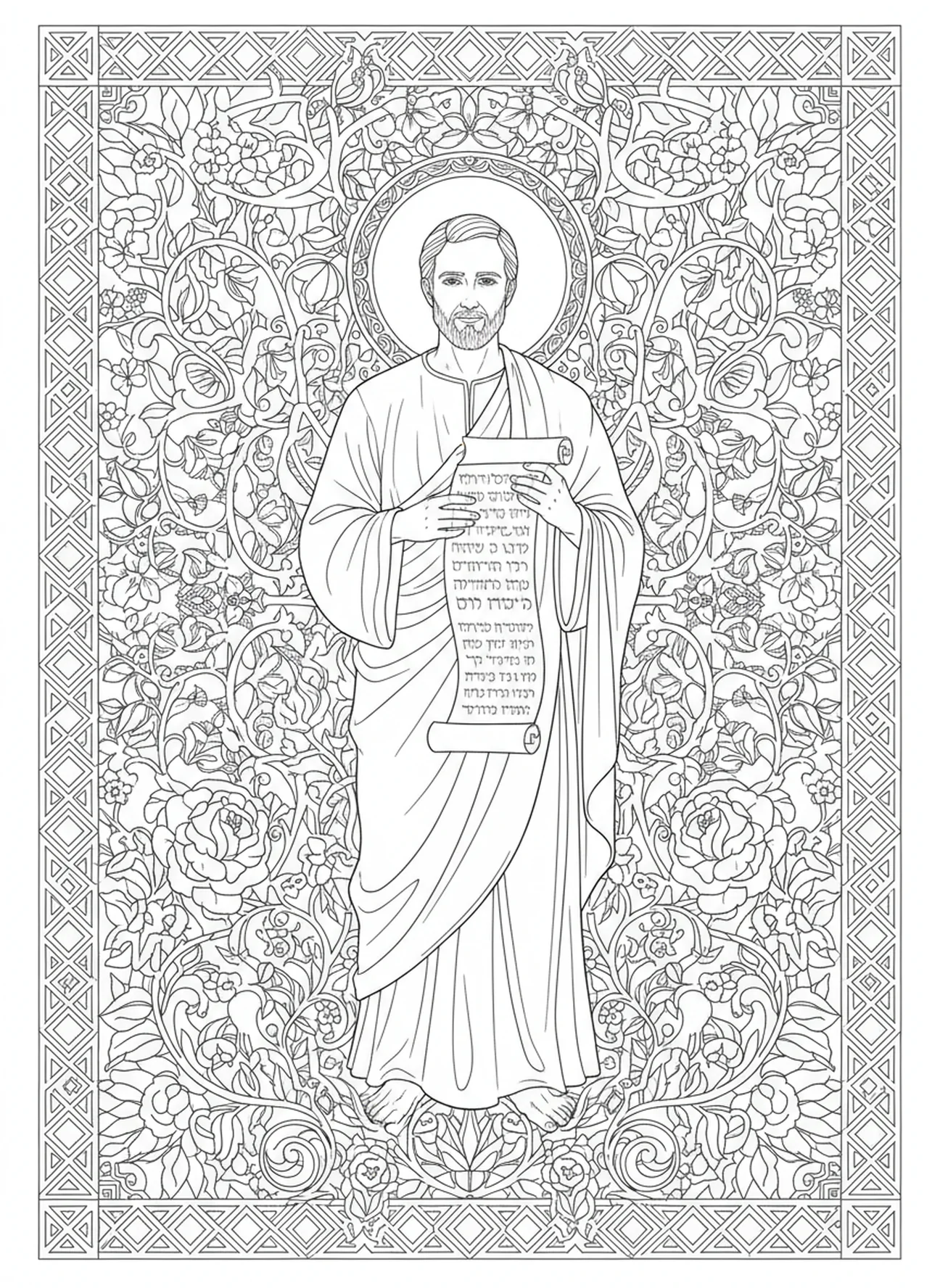 Saint Paul recevant une révélation, page à colorier Saint Paul écrivant des lettres dans un style de journal biblique pour adultes.