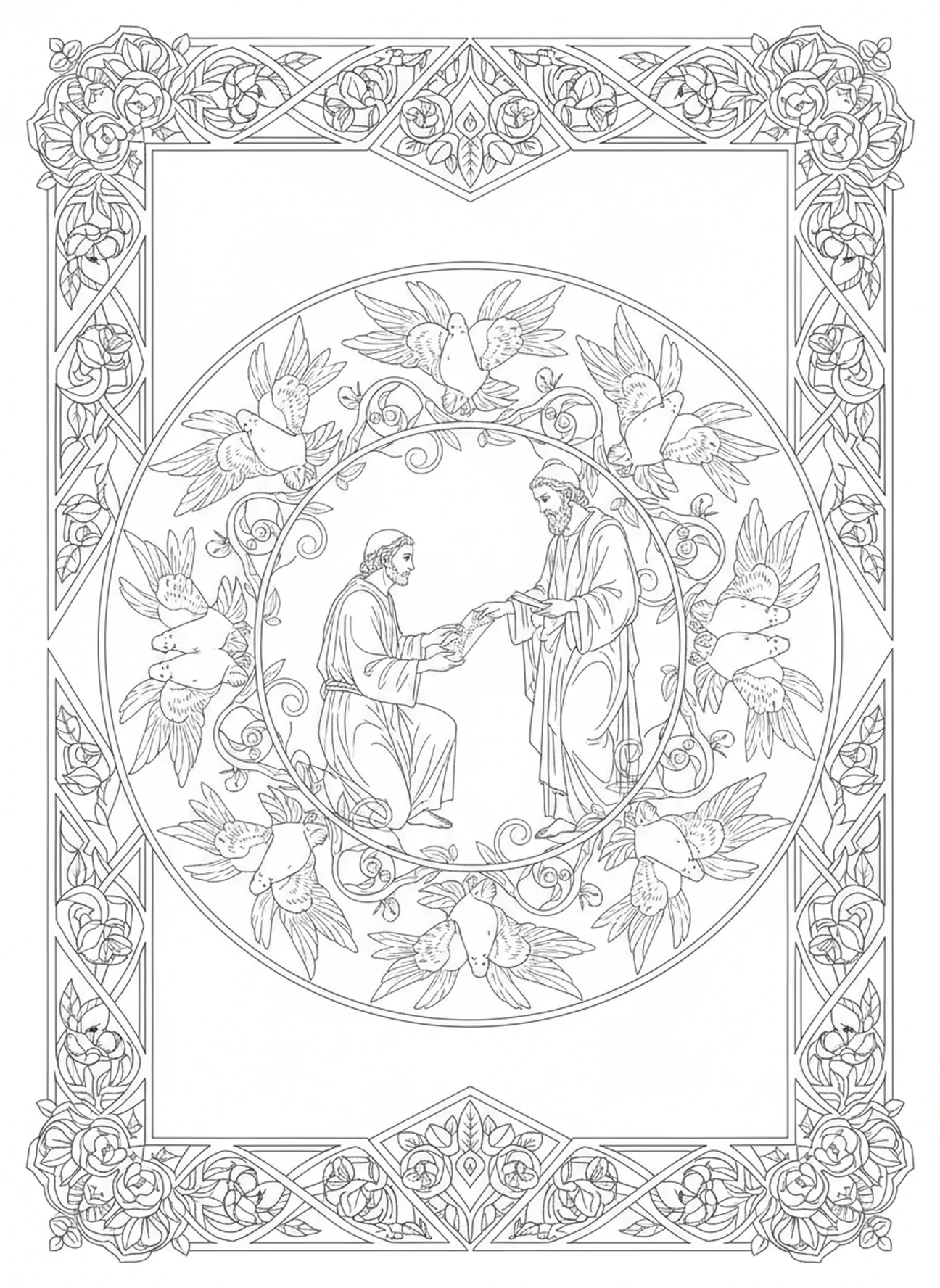 Paul envoyant des lettres, page à colorier Paul Écriture de Lettres pour adultes dans un style de journal biblique.