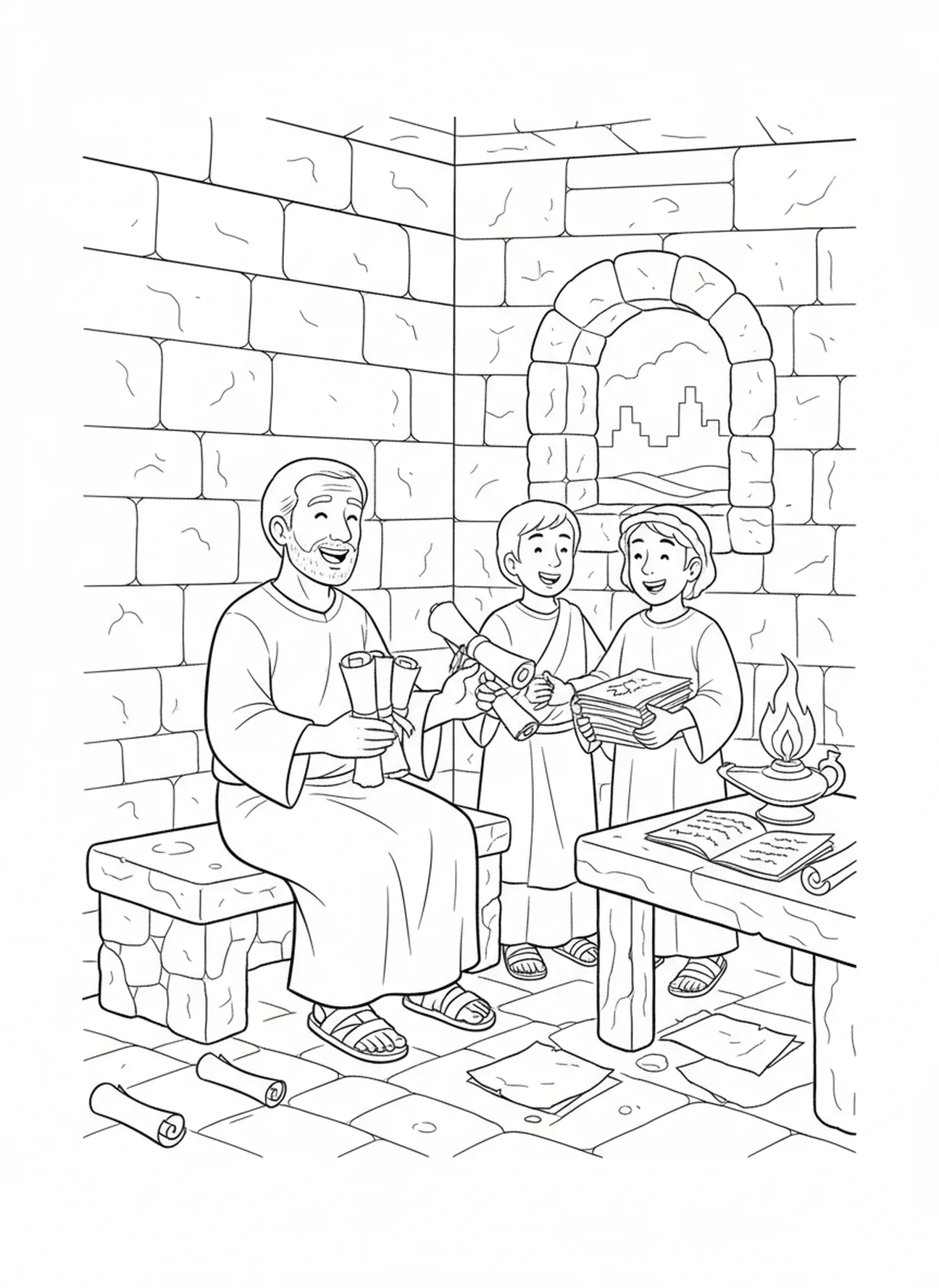 Paulus empfängt Briefe von Jüngern, Ausmalbild Paulus Briefe schreiben für Sonntagsschulkinder im Alter von 5-12 Jahren.