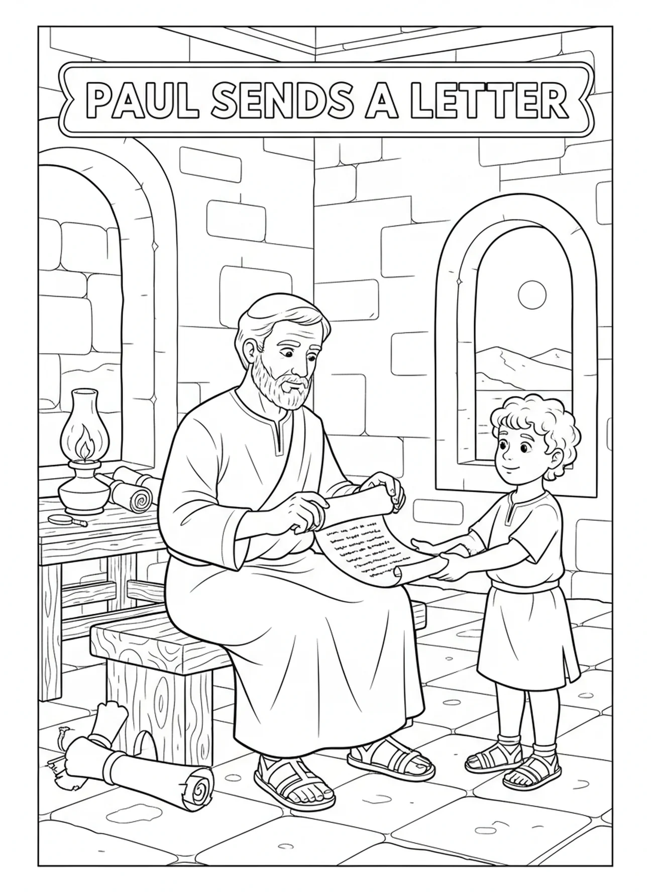 Paulus übergibt einem Boten einen Brief, Ausmalbild Paulus Briefe Schreiben für Sonntagsschulkinder im Alter von 5-12 Jahren.