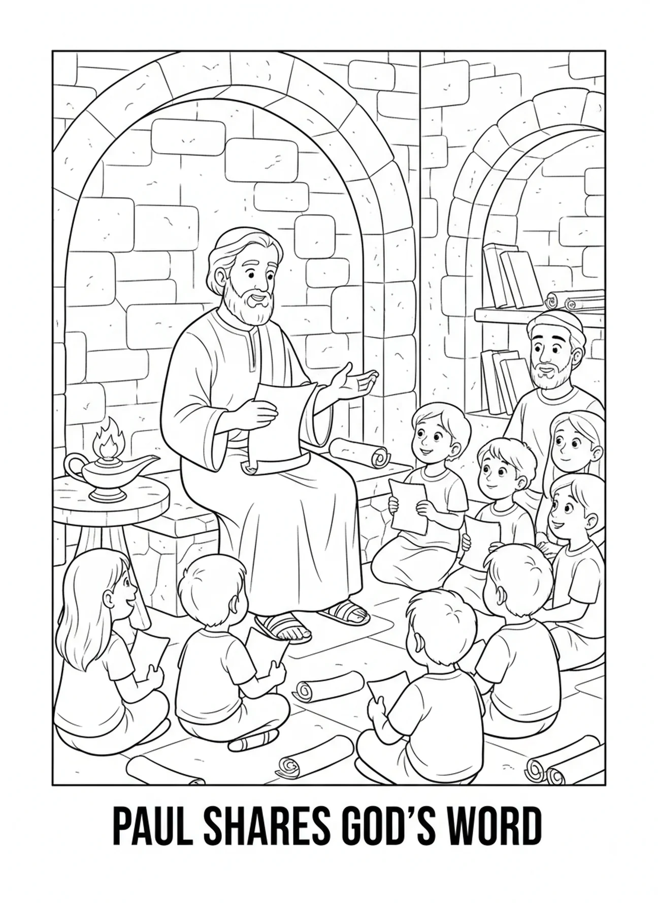 Paulus teilt Briefe mit Zuhörern, Ausmalbild von Paulus, der Briefe schreibt, für Sonntagsschulkinder im Alter von 5-12 Jahren.