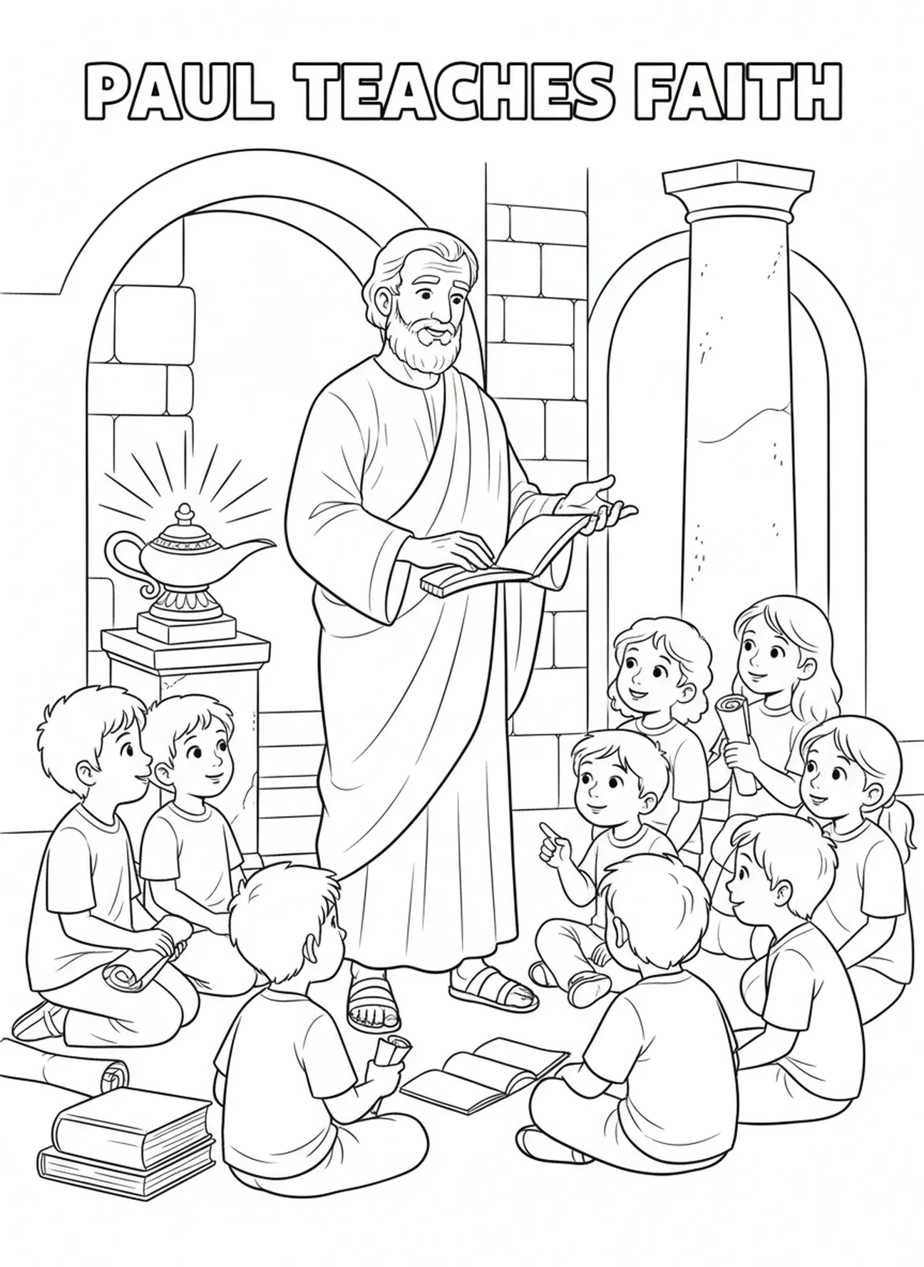 Paulus lehrt Kinder über den Glauben, Ausmalbild von Paulus, der Briefe schreibt, für die Sonntagsschule für Kinder im Alter von 5-12 Jahren.