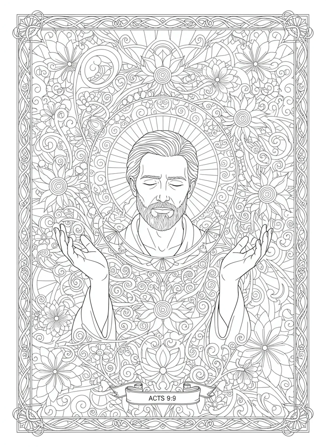 Pablo experimentando ceguera temporal, página para colorear de la Conversión de Pablo estilo journaling bíblico para adultos