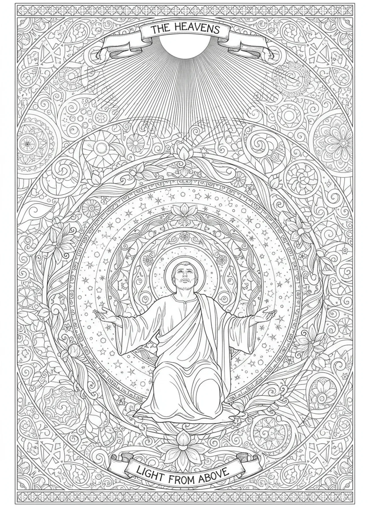 Luz radiante del cielo, página para colorear sobre la conversión de Pablo en estilo de journaling bíblico para adultos