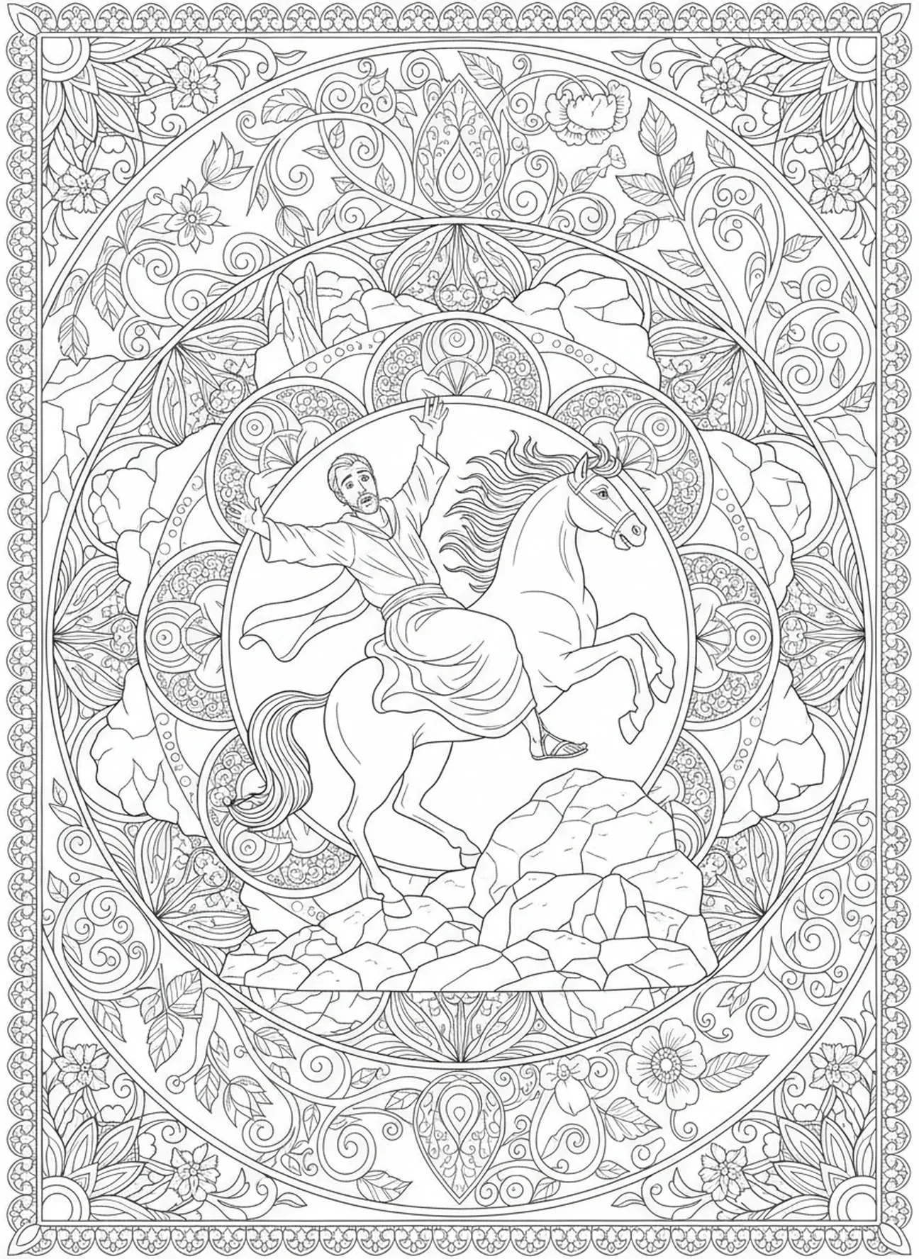 Pablo cayendo de su caballo, página para colorear de la conversión de Pablo estilo journaling bíblico para adultos