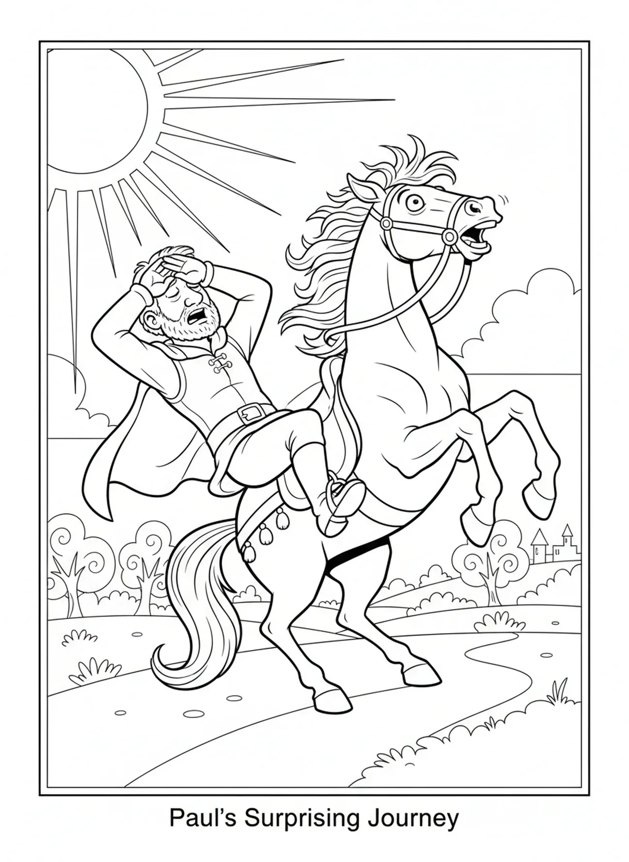 Paulo caindo do cavalo, página para colorir sobre a Conversão de Paulo para crianças de 5 a 10 anos