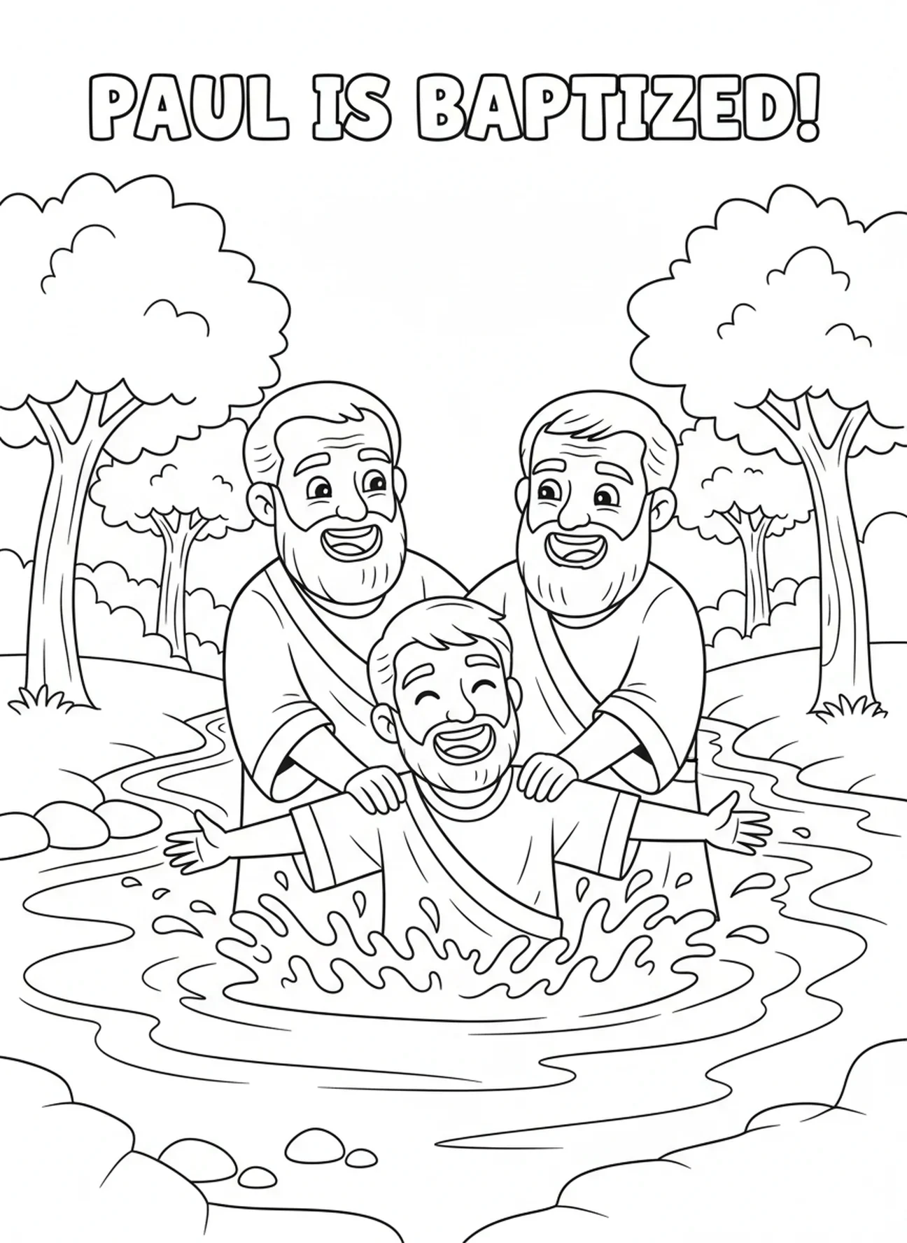 Cena alegre de batismo com Paulo e Ananias, página para colorir sobre a conversão de Paulo para crianças de 5 a 10 anos