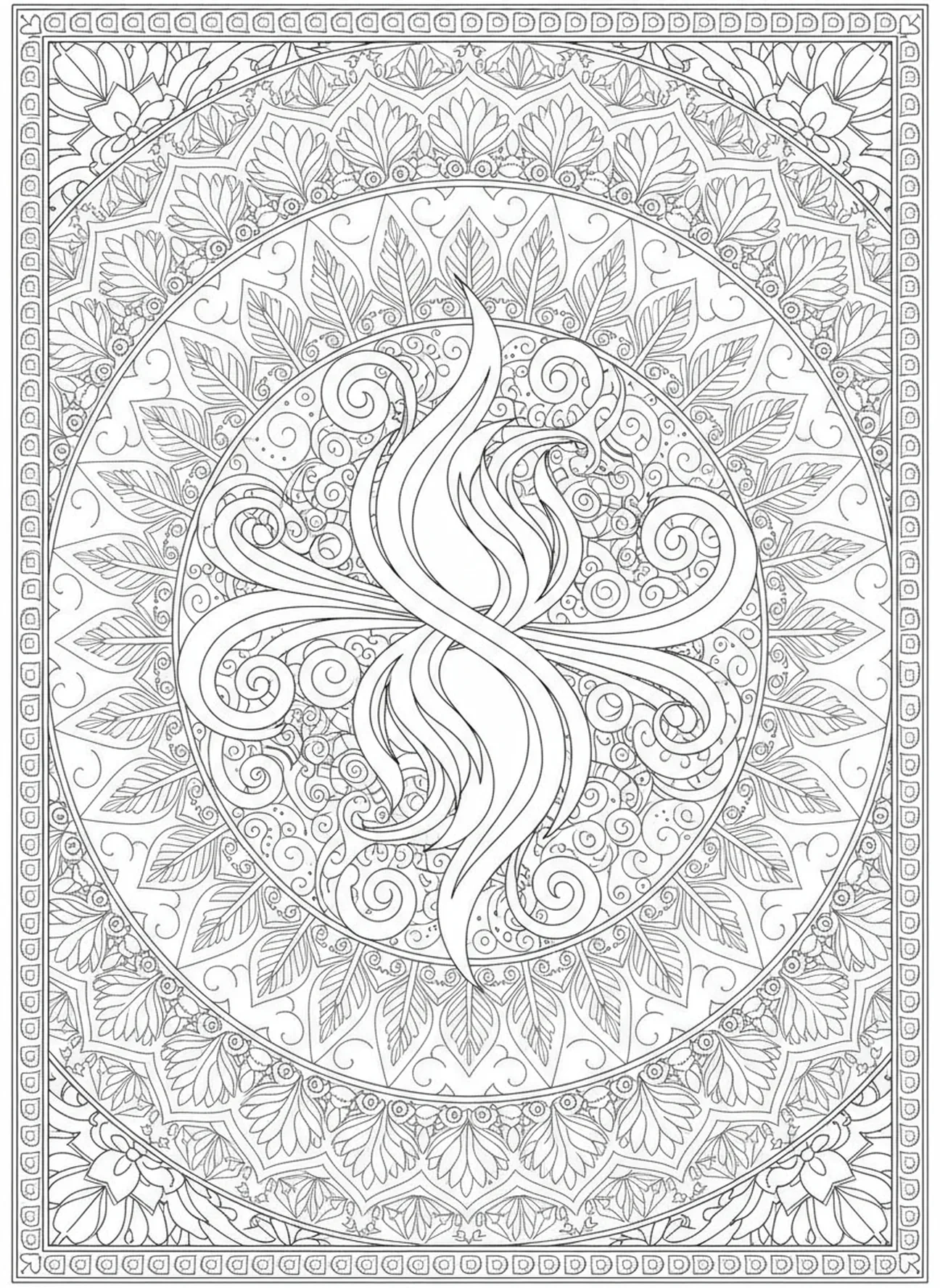 Llamas y viento, página para colorear del Fuego de Pentecostés en estilo de journaling bíblico para adultos.