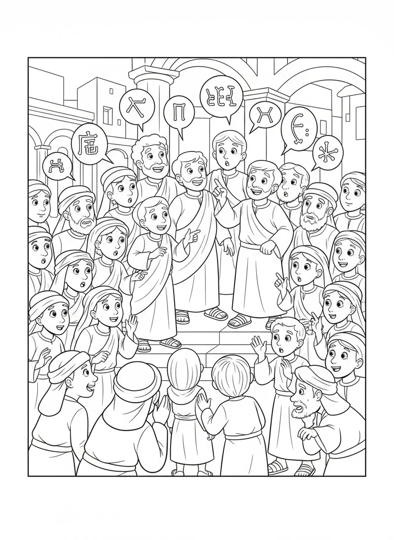 Neugierige Menge hört aufmerksam zu, Pfingstfeuer Ausmalbild für Kinder im Alter von 5-10 Jahren.