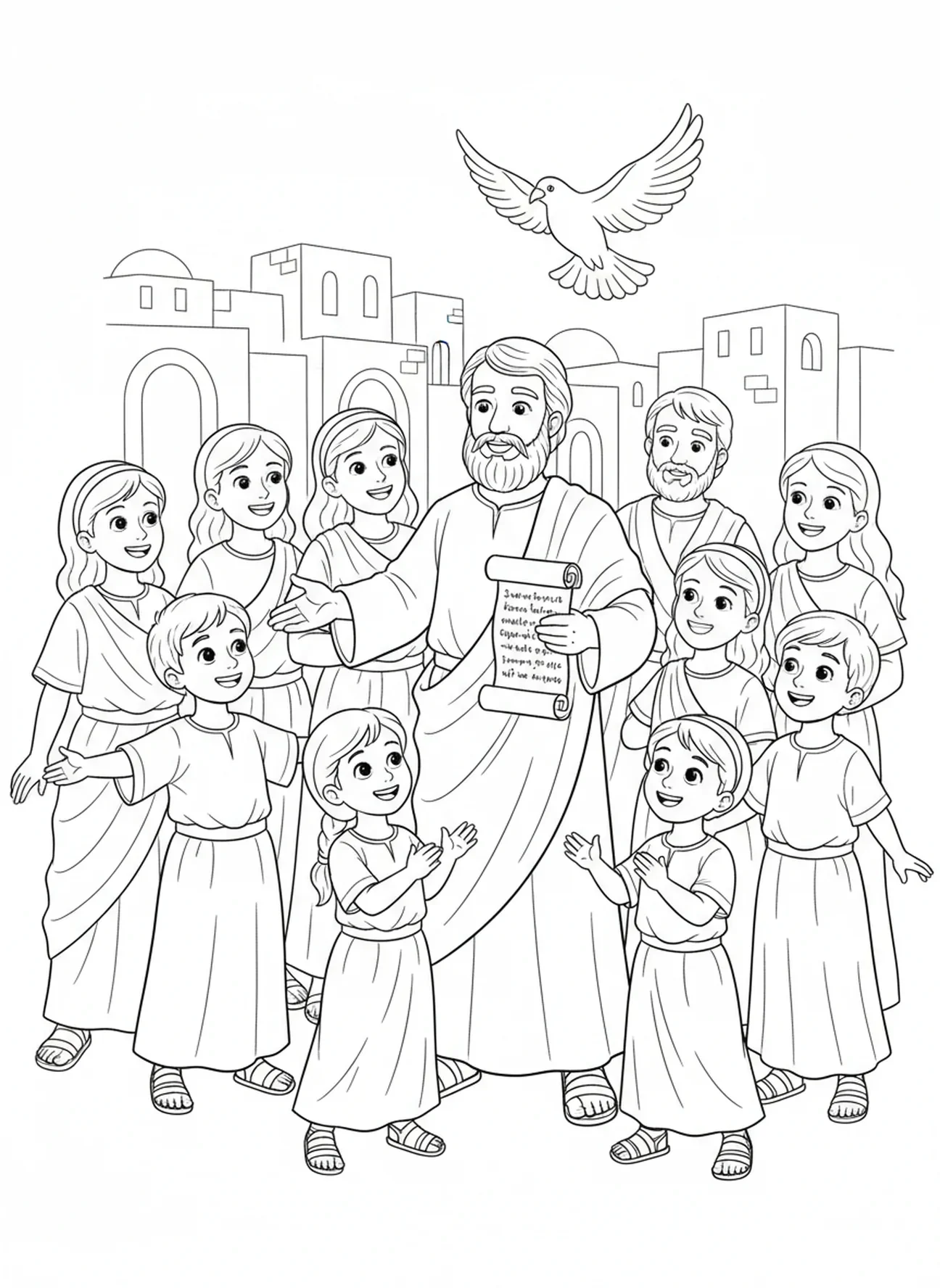 Neue Gläubige nehmen freudig die Botschaft an, Ausmalbild zum Pfingstfeuer für Kinder im Alter von 5-10 Jahren.