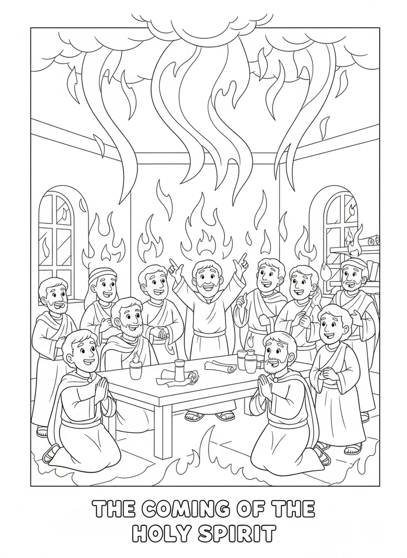 Flammen, die vom Himmel herabkommen, Ausmalbild zum Pfingstfeuer für Kinder im Alter von 5-10 Jahren.