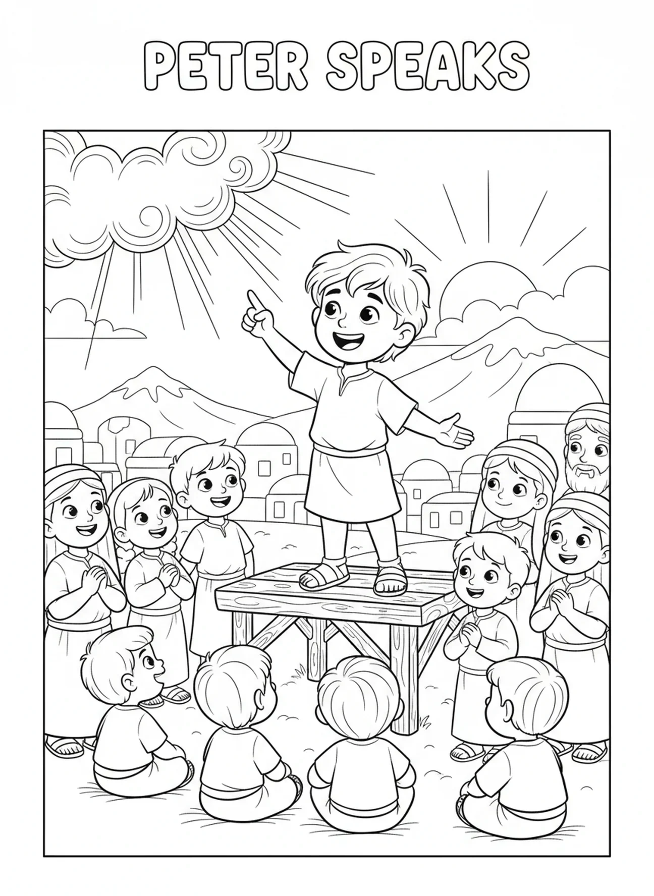 Selbstbewusster Petrus predigt, Pfingstfeuer Ausmalbild für Kinder im Alter von 5-10 Jahren.
