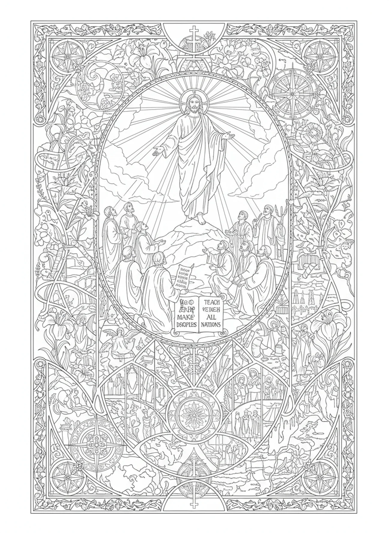 Die Jünger empfangen den großen Auftrag, Ausmalbild zu Pfingsten mit feurigen Zungen im Stil des Bibel-Journalings für Erwachsene.