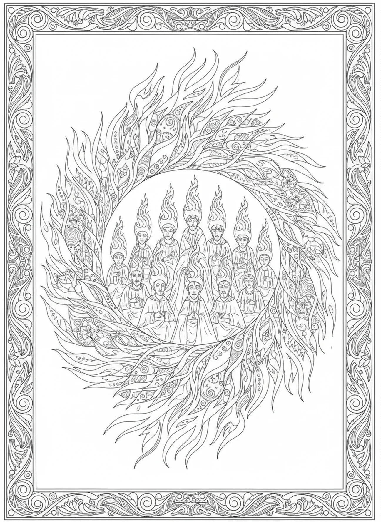 Zungen von Feuer über den Jüngern, Pfingst-Zungen-Feuer Ausmalbild für Erwachsene im Bibel-Journaling-Stil.