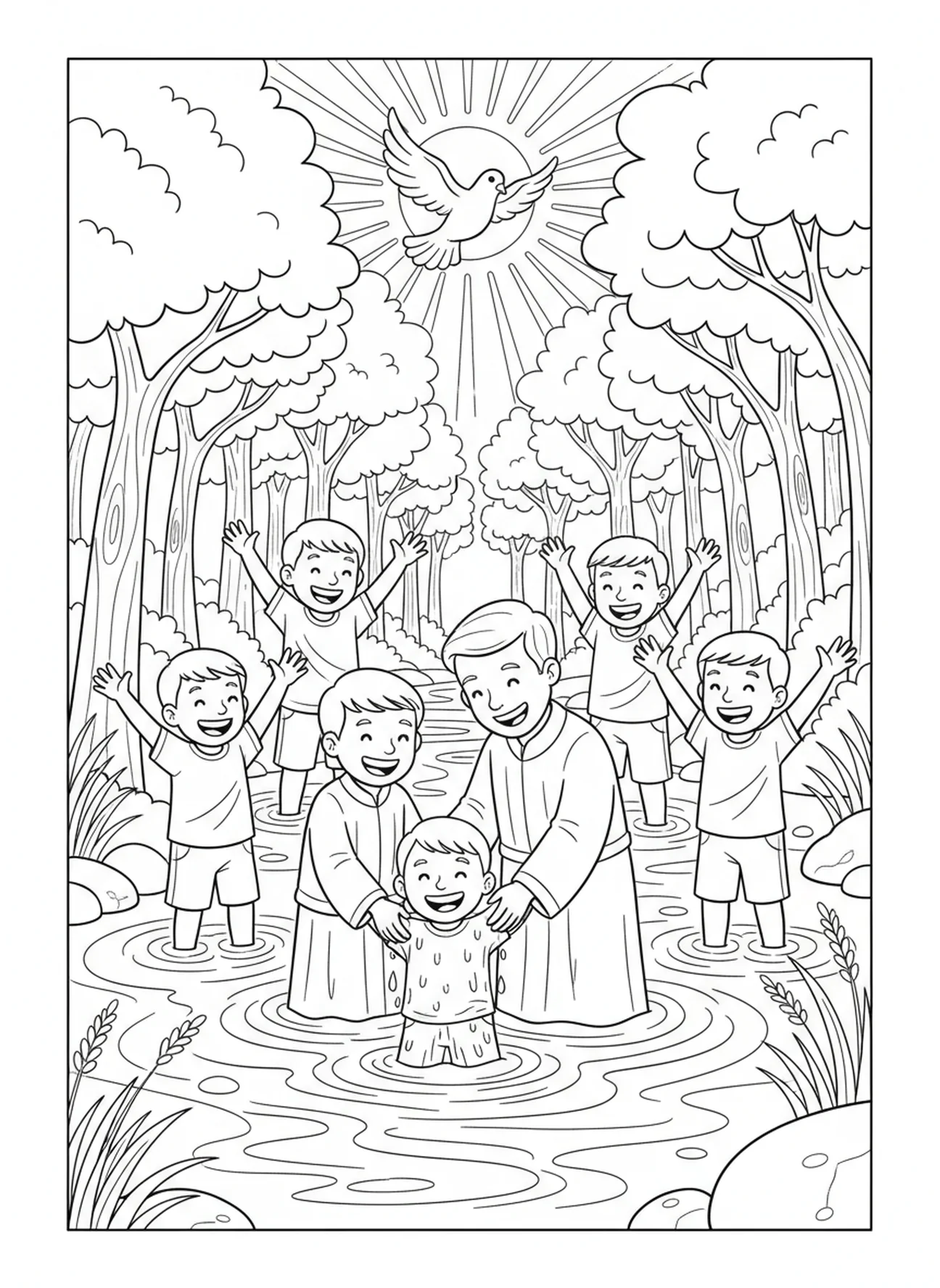 Croyants se faisant baptiser, page à colorier sur la Pentecôte et les langues de feu pour les enfants de 5 à 10 ans.