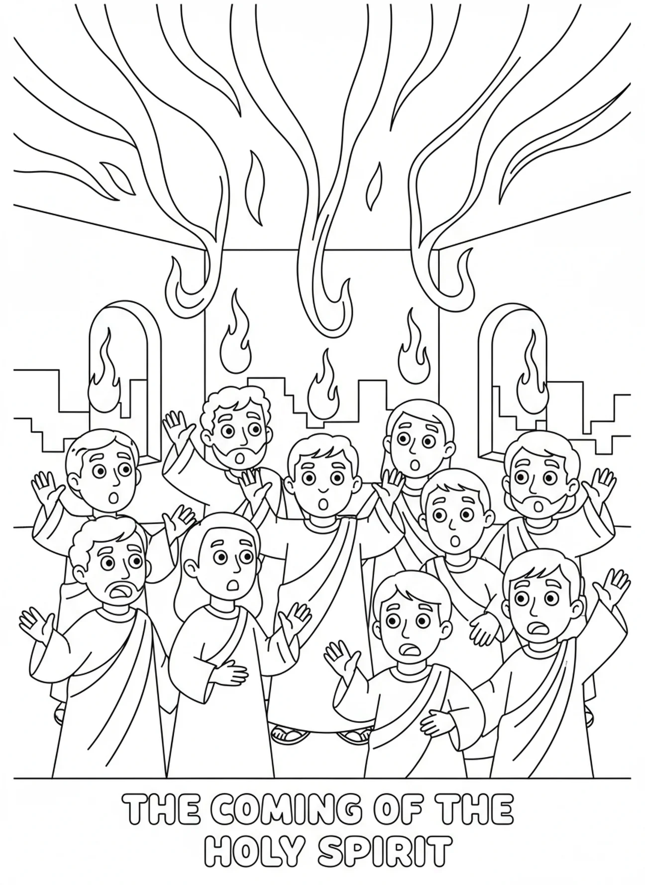 Langues de feu, page à colorier de la Pentecôte pour les enfants de 5 à 10 ans.