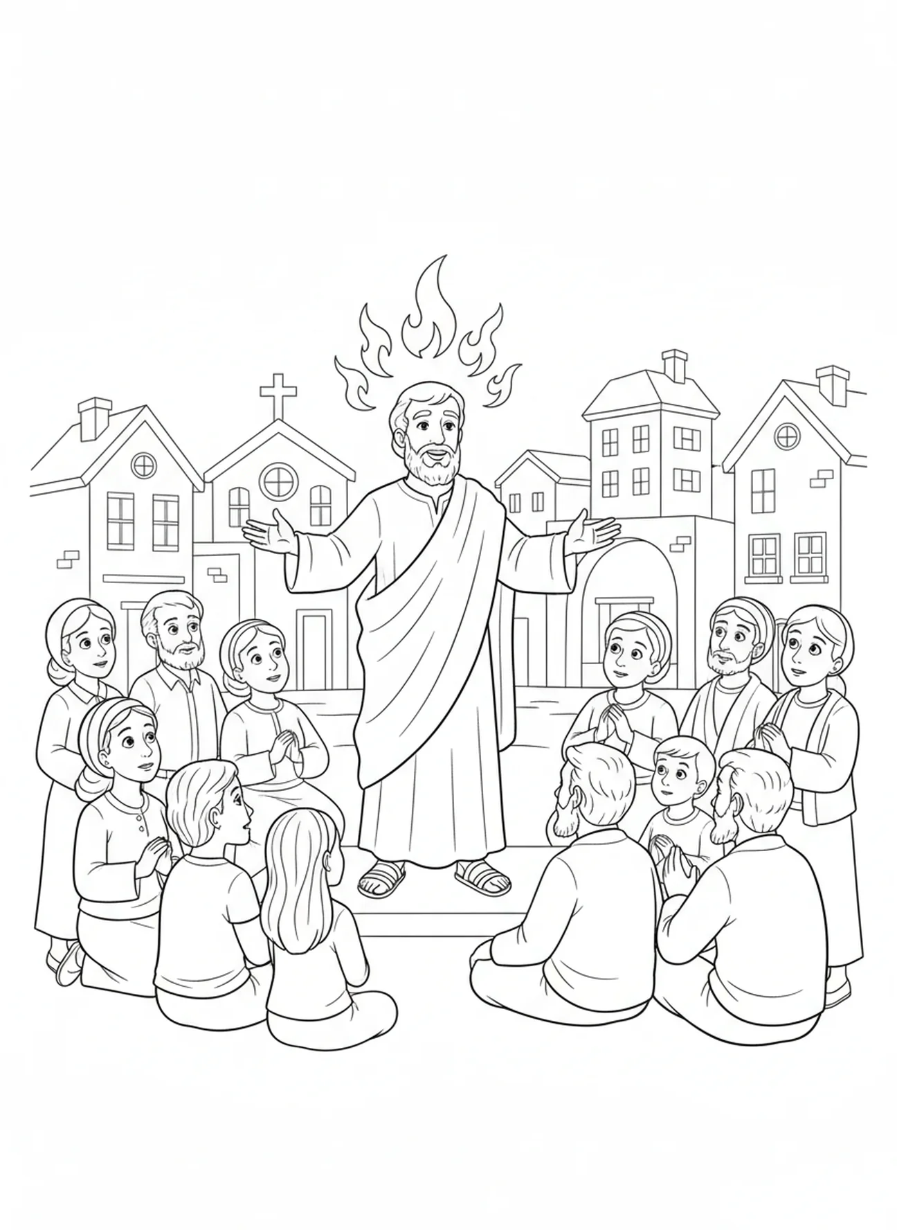 Saint Pierre prêchant, page à colorier des langues de feu de la Pentecôte pour les enfants de 5 à 10 ans.