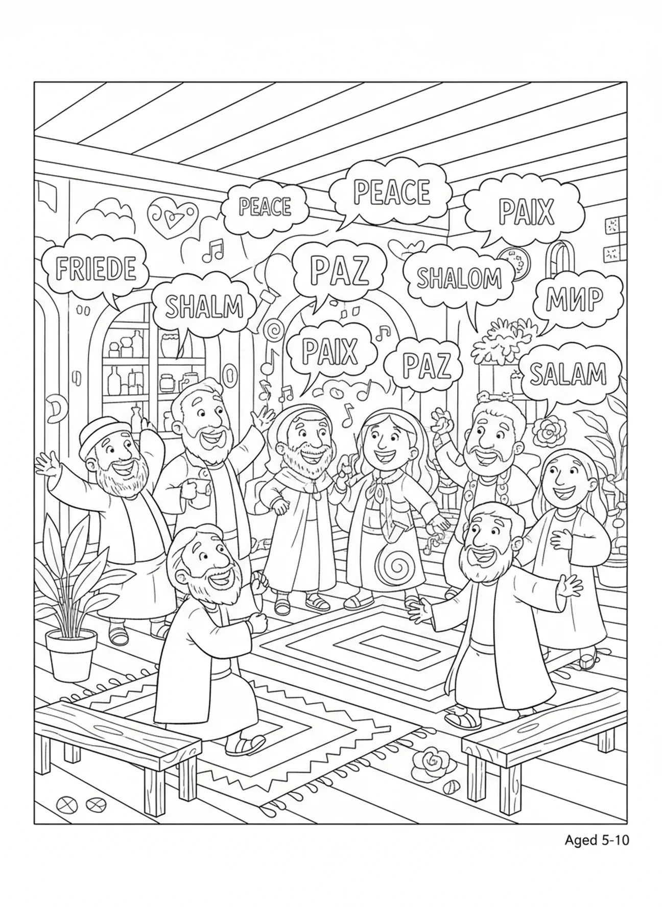 Disciples parlant, page à colorier sur la Pentecôte avec des langues de feu pour les enfants de 5 à 10 ans.
