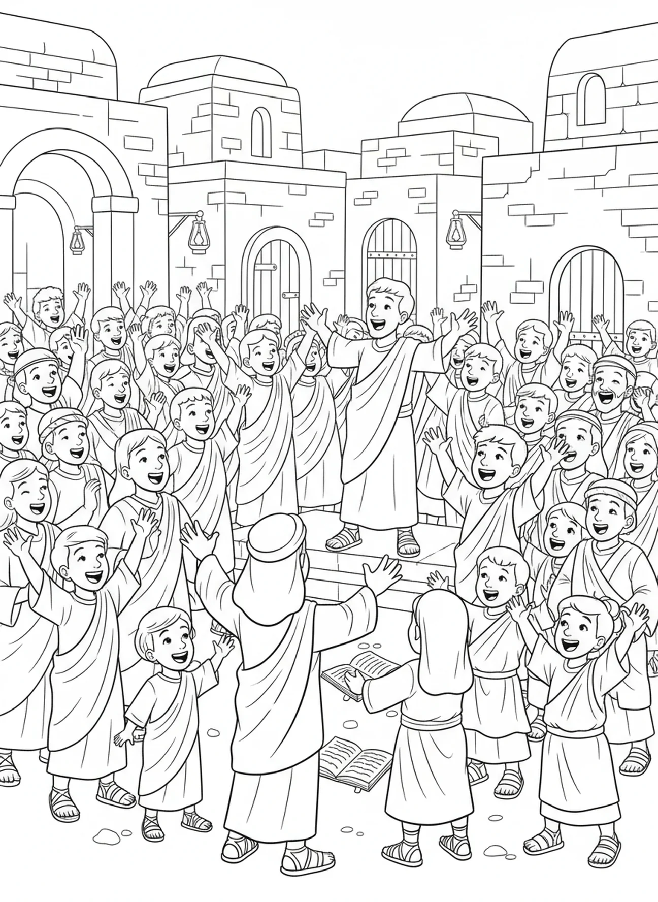 Foule réagissant avec enthousiasme, page à colorier des Langues de Feu de la Pentecôte pour les enfants de l'École du dimanche âgés de 5 à 12 ans