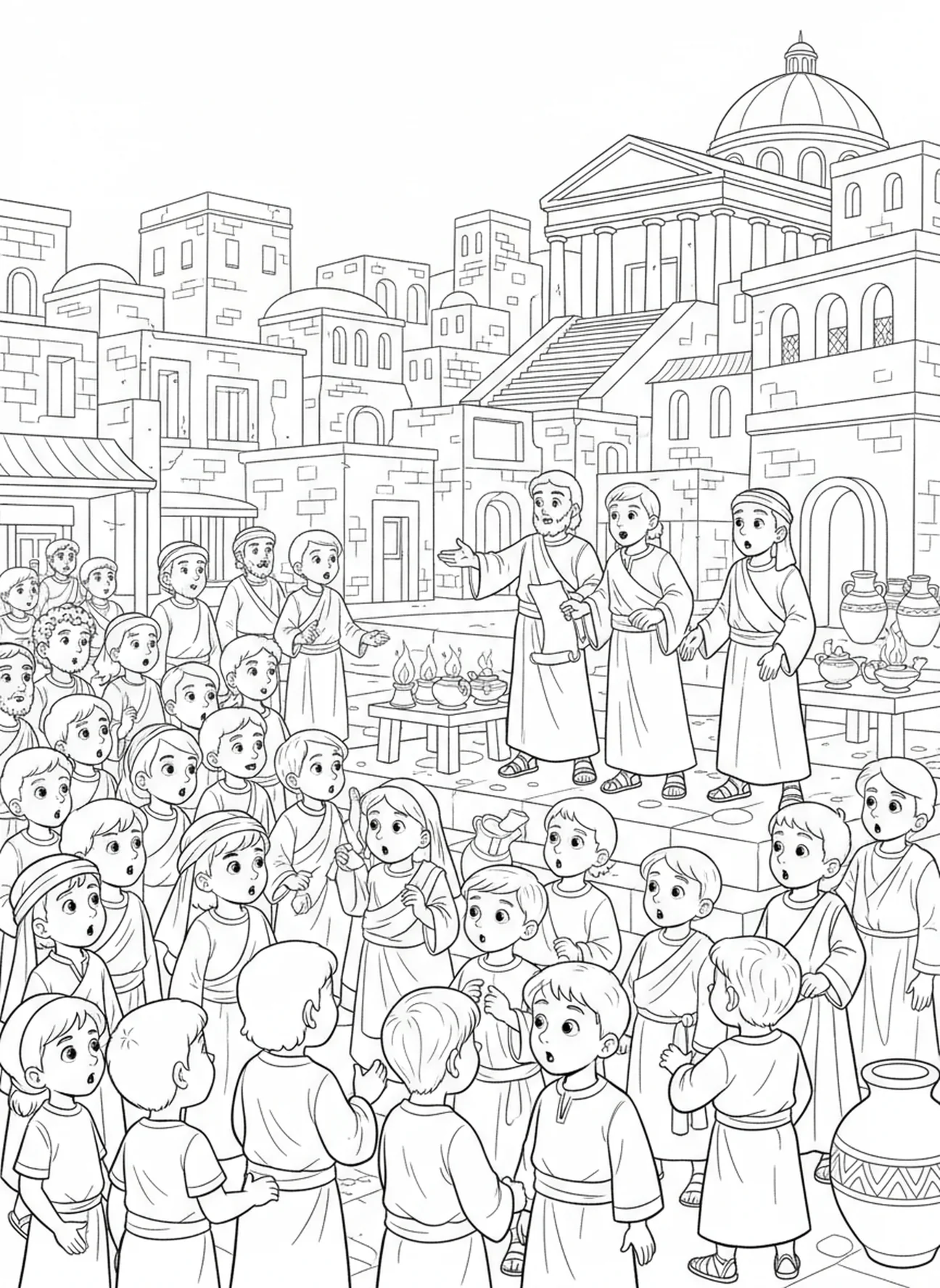 Foule écoutant les disciples, page à colorier de la Pentecôte avec les langues de feu pour les enfants de l'École du dimanche âgés de 5 à 12 ans