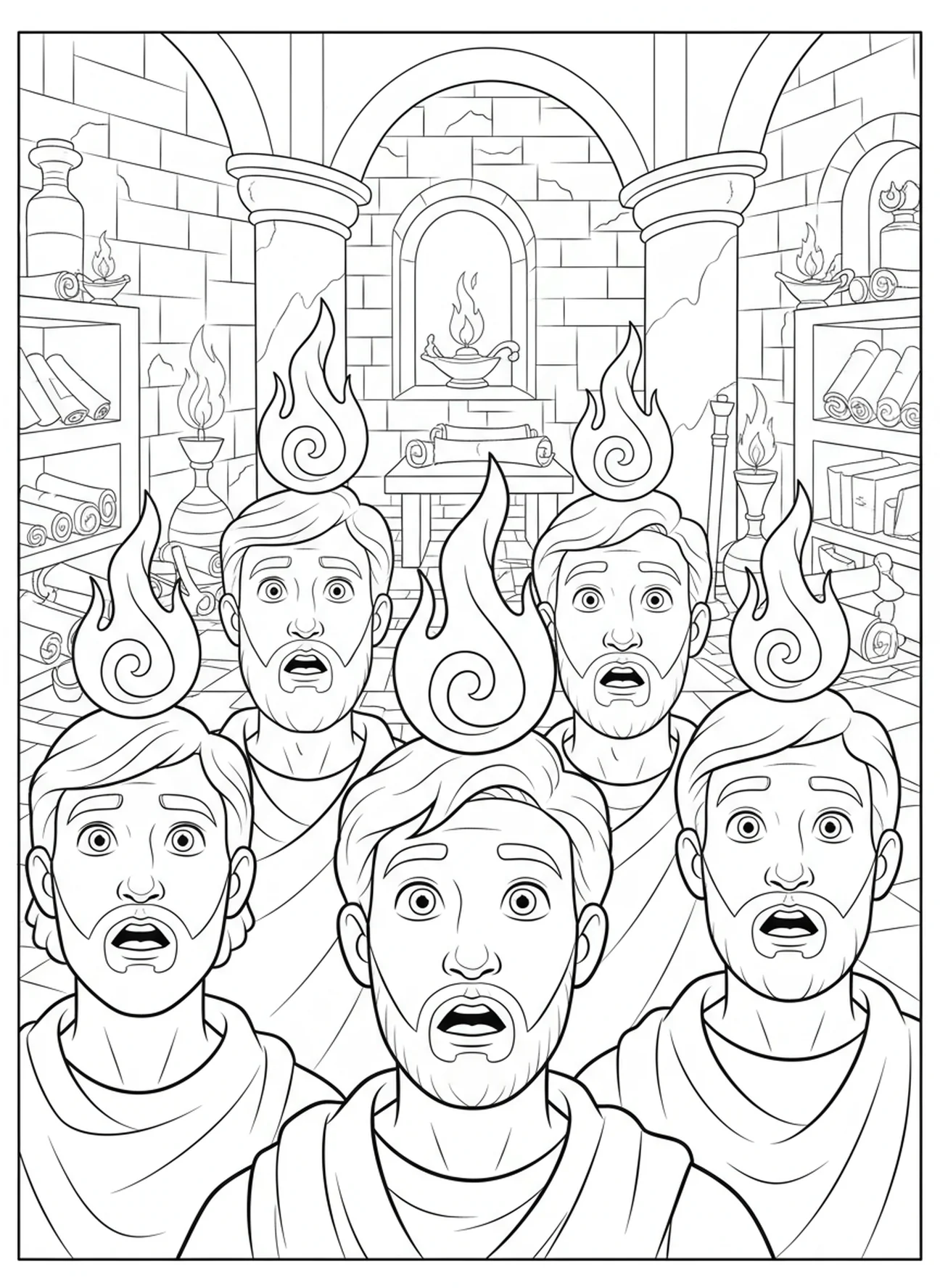 Gros plan des têtes des disciples, page à colorier des langues de feu de la Pentecôte pour les enfants de l'École du dimanche âgés de 5 à 12 ans