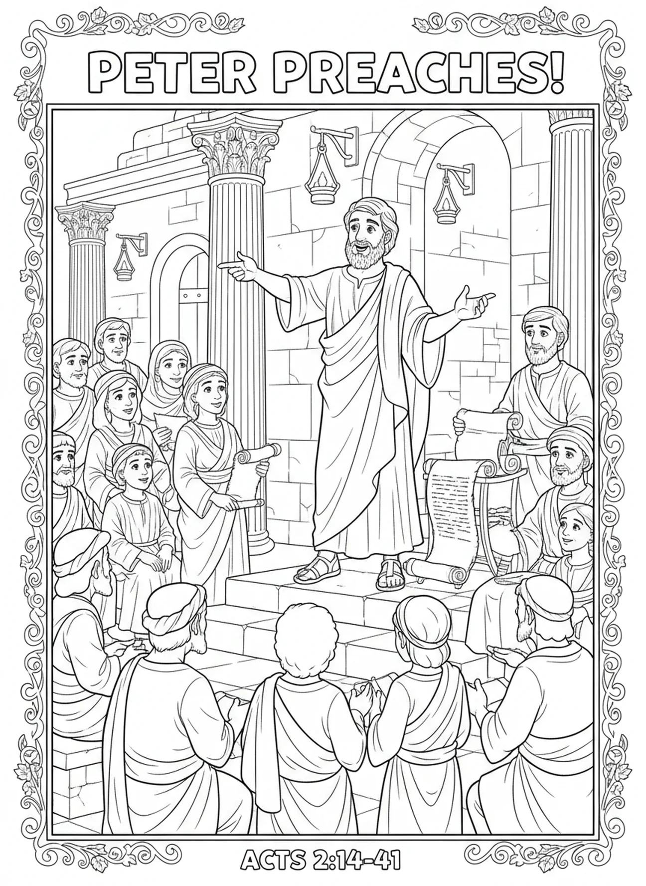 Pierre prêchant à la foule, page à colorier sur la Pentecôte et les langues de feu pour les enfants de l'École du dimanche âgés de 5 à 12 ans