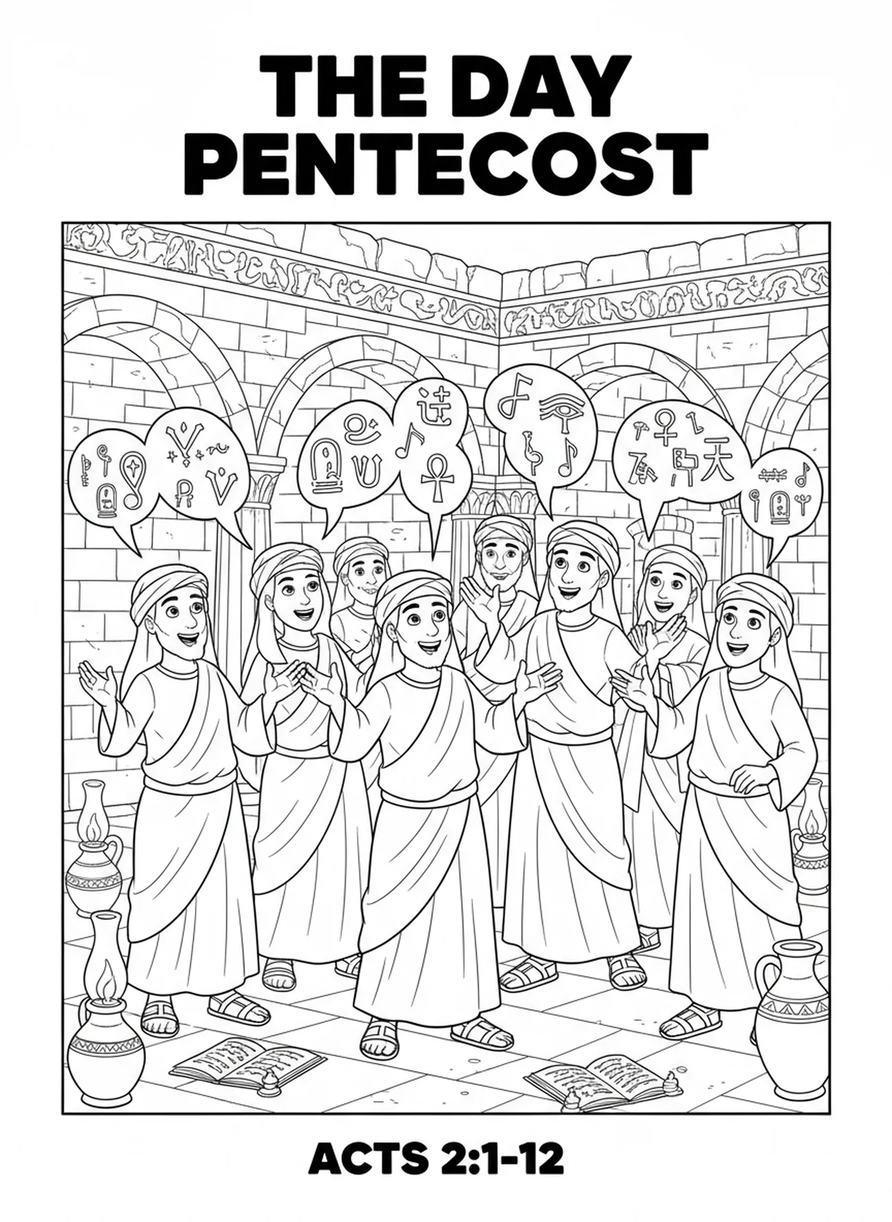 Disciples parlant en langues, page à colorier de la Pentecôte pour les enfants de l'École du dimanche âgés de 5 à 12 ans
