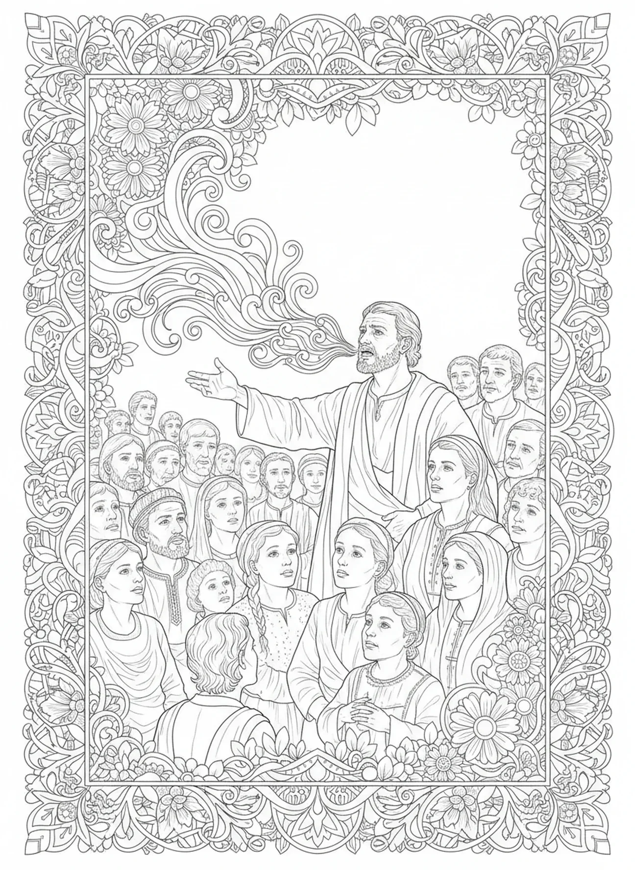 Petrus predigt zu einer Menschenmenge, Pfingstmalvorlage für Erwachsene im Stil des Bibel-Journalings.