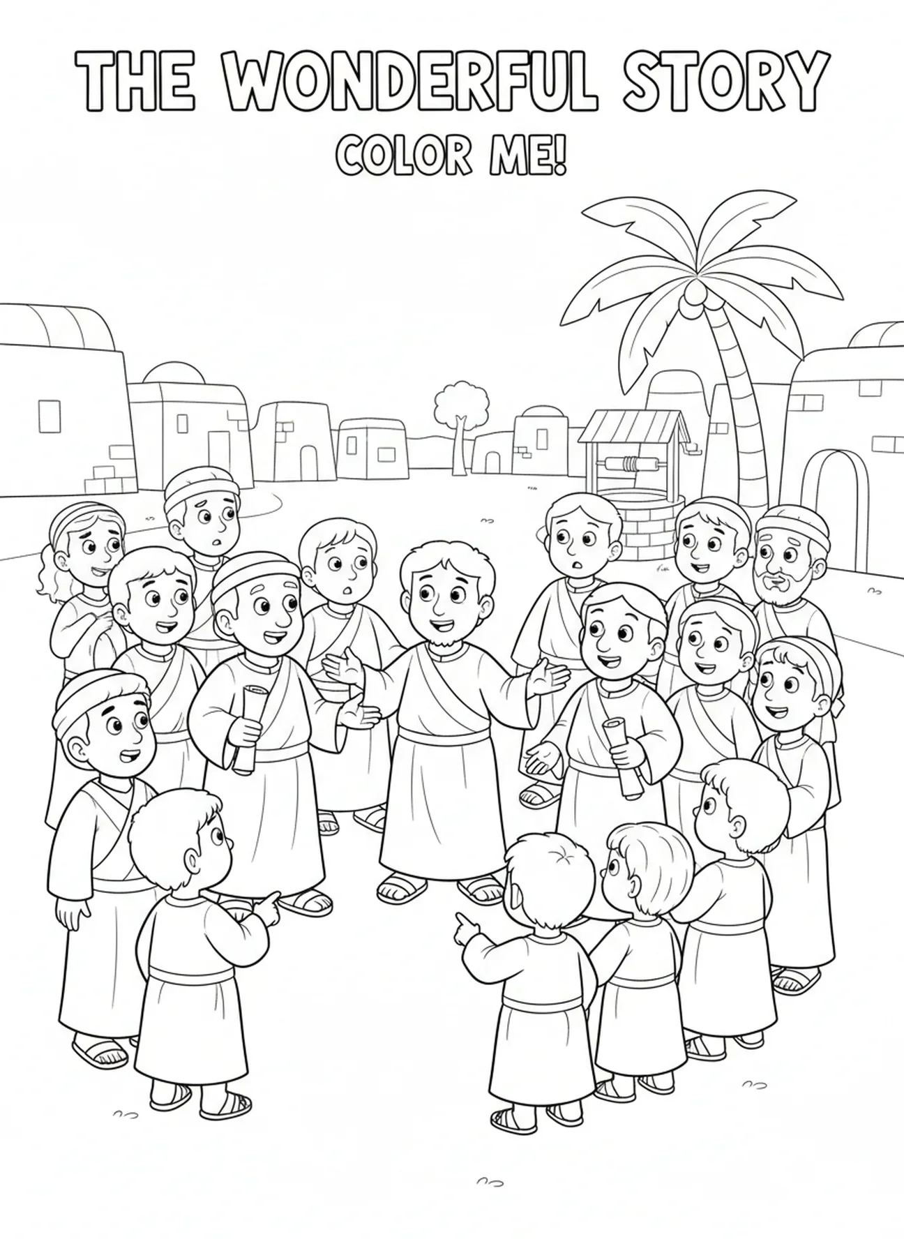 Multidão curiosa ao redor dos discípulos, página de colorir de Pentecostes para crianças de 5 a 10 anos