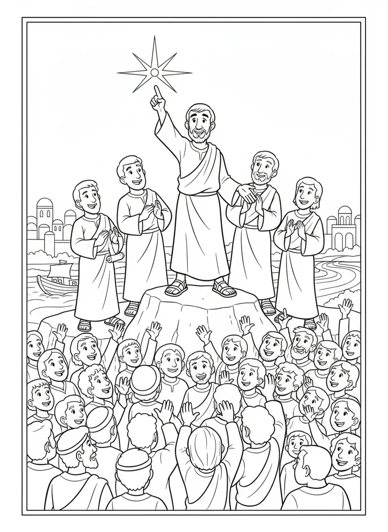 Pedro falando para a multidão, página de colorir de Pentecostes para crianças de 5 a 10 anos
