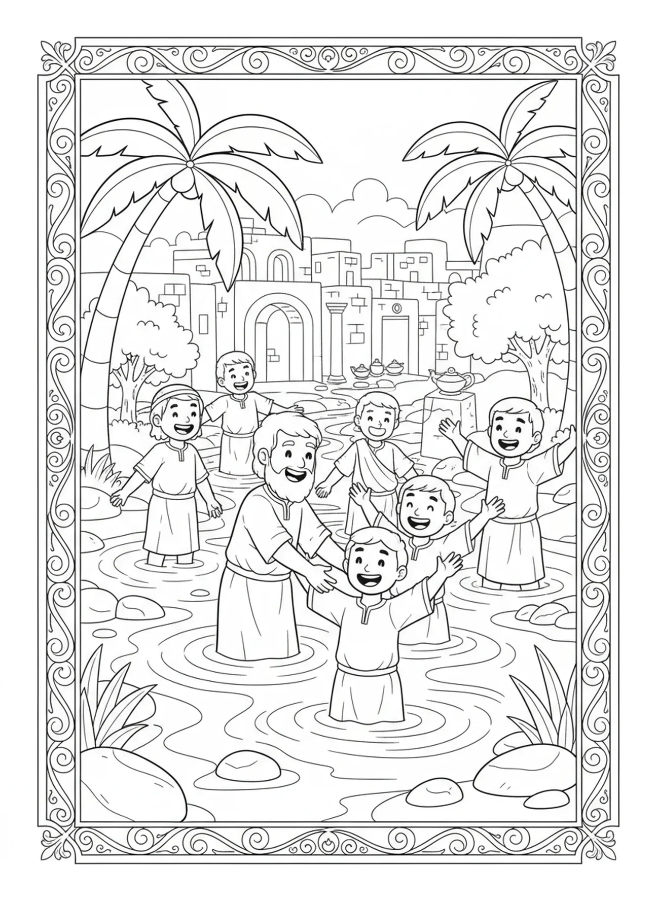 Discípulos batizando novos crentes em um rio, página de colorir de Pentecostes para crianças da Escola Dominical de 5 a 12 anos.