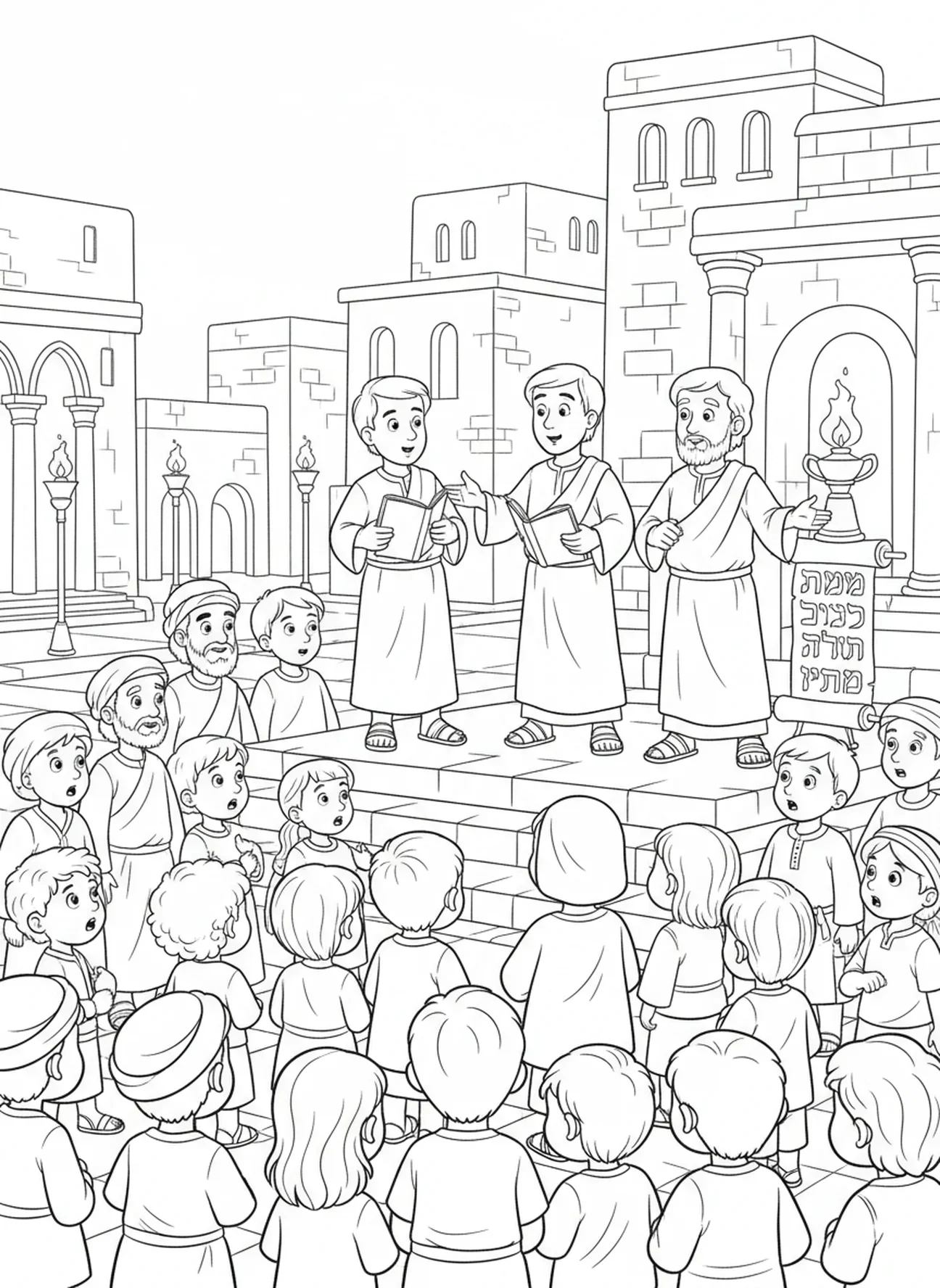 Multidão diversa ouvindo os discípulos pregarem, página de colorir de Pentecostes para crianças da Escola Dominical de 5 a 12 anos.